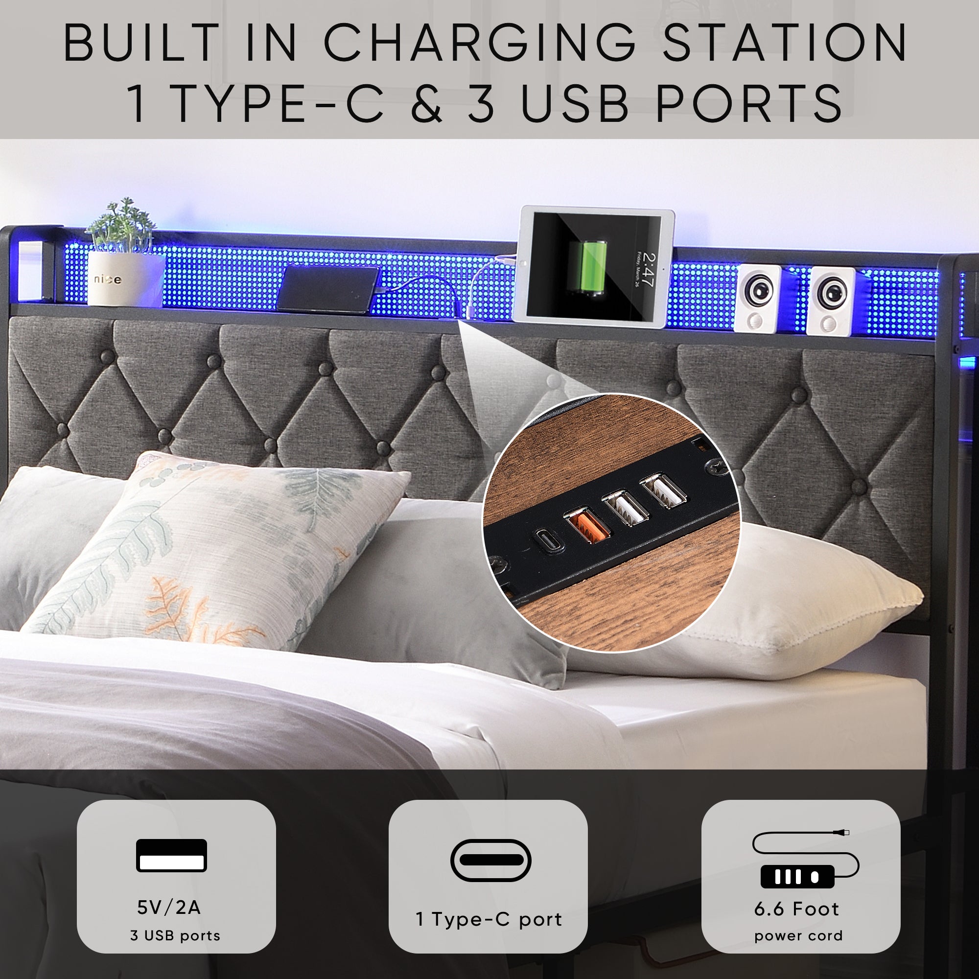 HAOYYE Full Bed Frame with Storage Headboard, Charging Station and LED Lights, Upholstered Platform Bed with Heavy Metal Slats, No Box Spring Needed, Noise Free, Easy Assembly, Dark Gray Sturdy Space-Saving