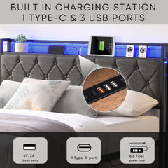 HAOYYE Full Bed Frame with Storage Headboard, Charging Station and LED Lights, Upholstered Platform Bed with Heavy Metal Slats, No Box Spring Needed, Noise Free, Easy Assembly, Dark Gray Sturdy Space-Saving