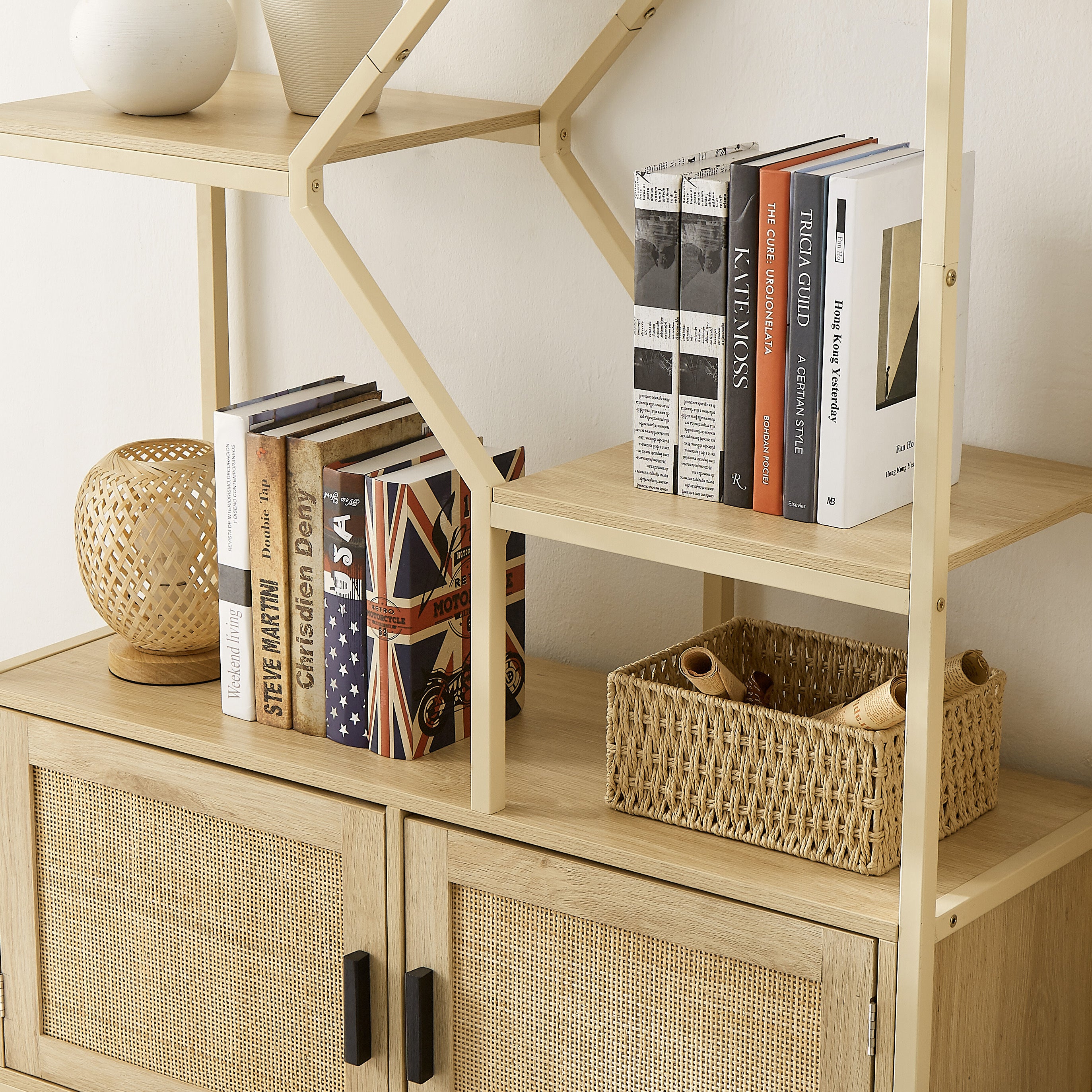 HAOYYE Rattan bookshelf 7 tiers Bookcases Storage Rack with cabinet for Living Room Home Office, Natural, 39.4'' W x 13.8'' D x 75.6'' H. Sturdy Space-Saving Heavy Duty Modern Design Adults Dorm Room