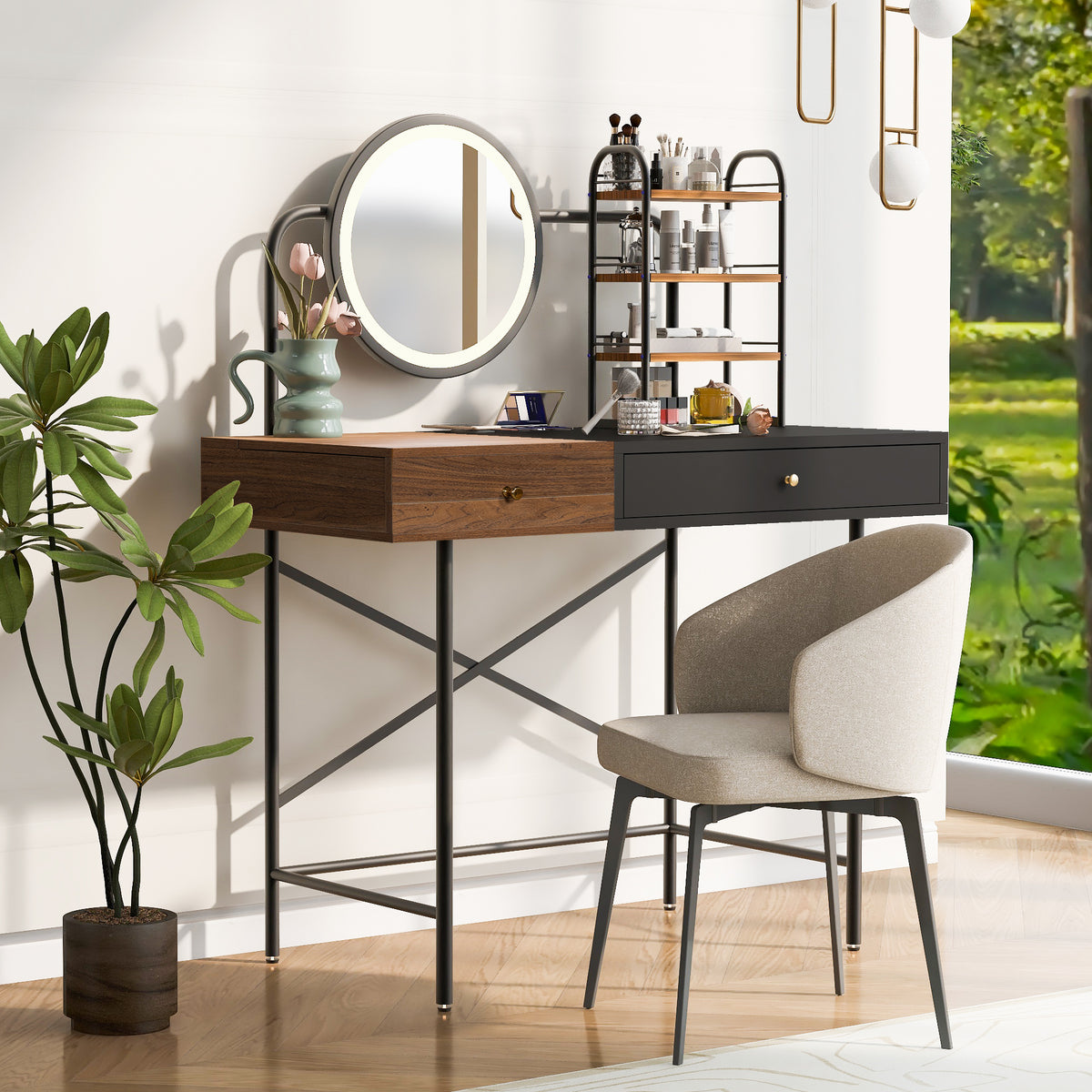 HAOYYE GO 40" Makeup Vanity Desk with 3-Mode Lighted Mirror & Wireless Charging Station , Vanity Table with Drawer & 3 Open Shelves for Ample Storage Space, Dressing Table for Bedroom, Black