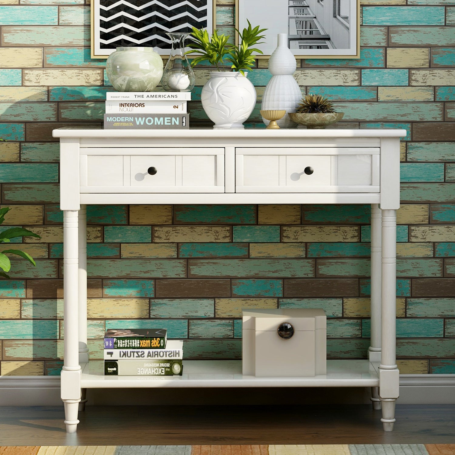 HAOYYE Daisy Series Console Table, Traditional Design with Two Drawers and Bottom Shelf, Ivory White, Sturdy Space-Saving Construction, Heavy Duty Design, Easy Assembly, Durable and Stylish Home Furniture, Versatile for Living Room or Entryway