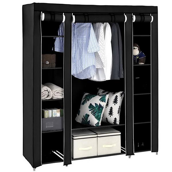 DE Direct HAOYYE Portable Clothes Closet Wardrobe Storage Organizer with Non-Woven Fabric Cover Strong Steel Frame and 12 Shelves Freestanding Garment Rack Dustproof and Waterproof Fabric Quick and Easy Assembly for Bedroom Entryway Black
