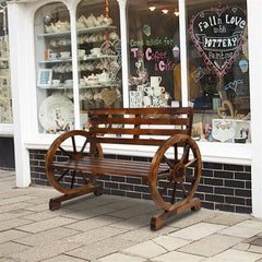 HAOYYE Rustic 2-Person Wooden Wagon Wheel Bench with Slatted Seat and Backrest, Durable Outdoor Bench for Patio, Garden, or Backyard, Comfortable and Stylish, Perfect for Relaxing and Enjoying the Outdoors