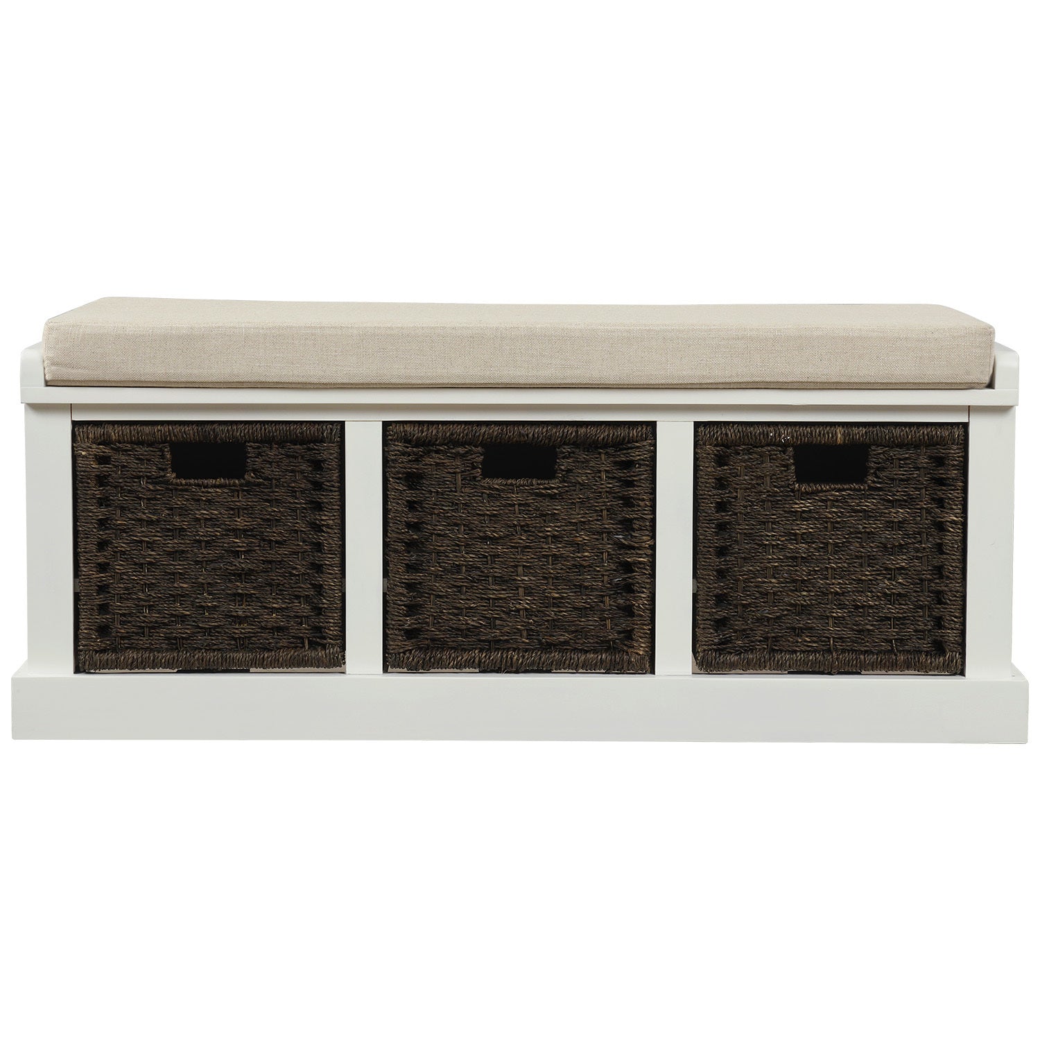 HAOYYE Rustic Storage Bench with 3 Removable Classic Rattan Basket , Entryway Bench Storage Bench with Removable Cushion (White) Sturdy Space-Saving Heavy Duty Modern Design Easy Assembly Durable