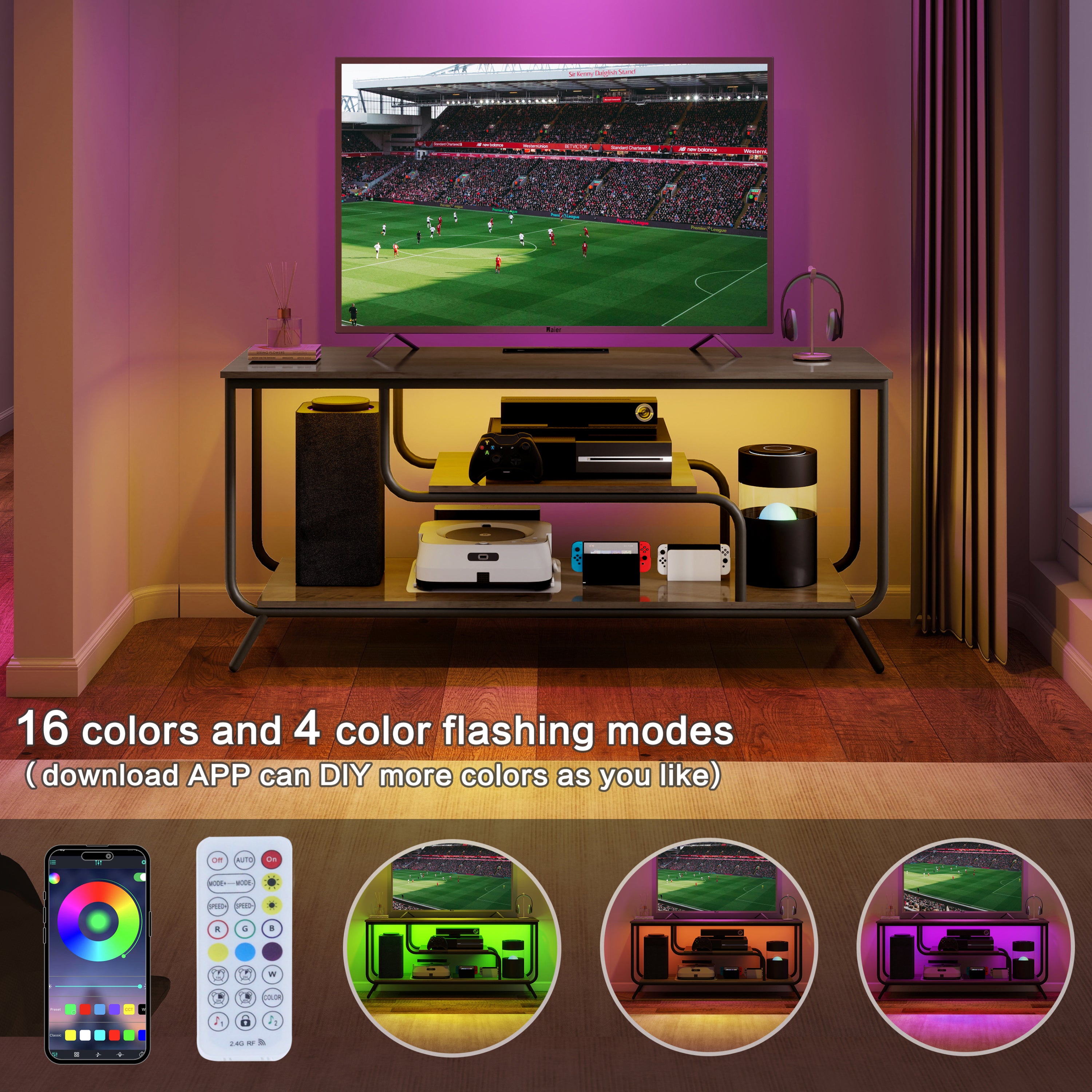 HAOYYE Modern TV Stand With Power Outlets And LED Lights, Entertainment Center With Shelves, TV Console Table For Living Room And Bedroom, Light Gray Sturdy Space-Saving Heavy Duty Design