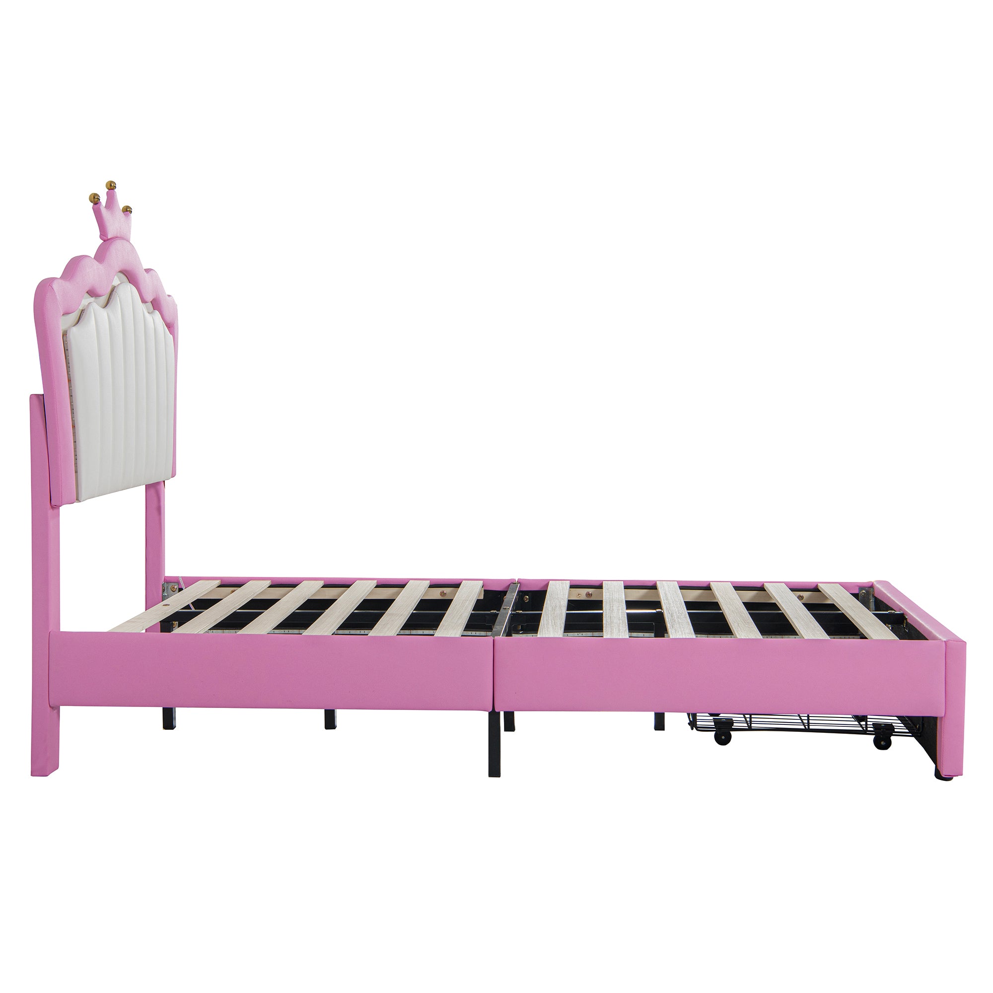 HAOYYE Twin Size Upholstered Bed Frame With LED Lighting, Modern Princess Bed With Crown Headboard And Storage Drawer, Pink And White, Sturdy Space-Saving Heavy Duty Design For Adults And Dorm Rooms