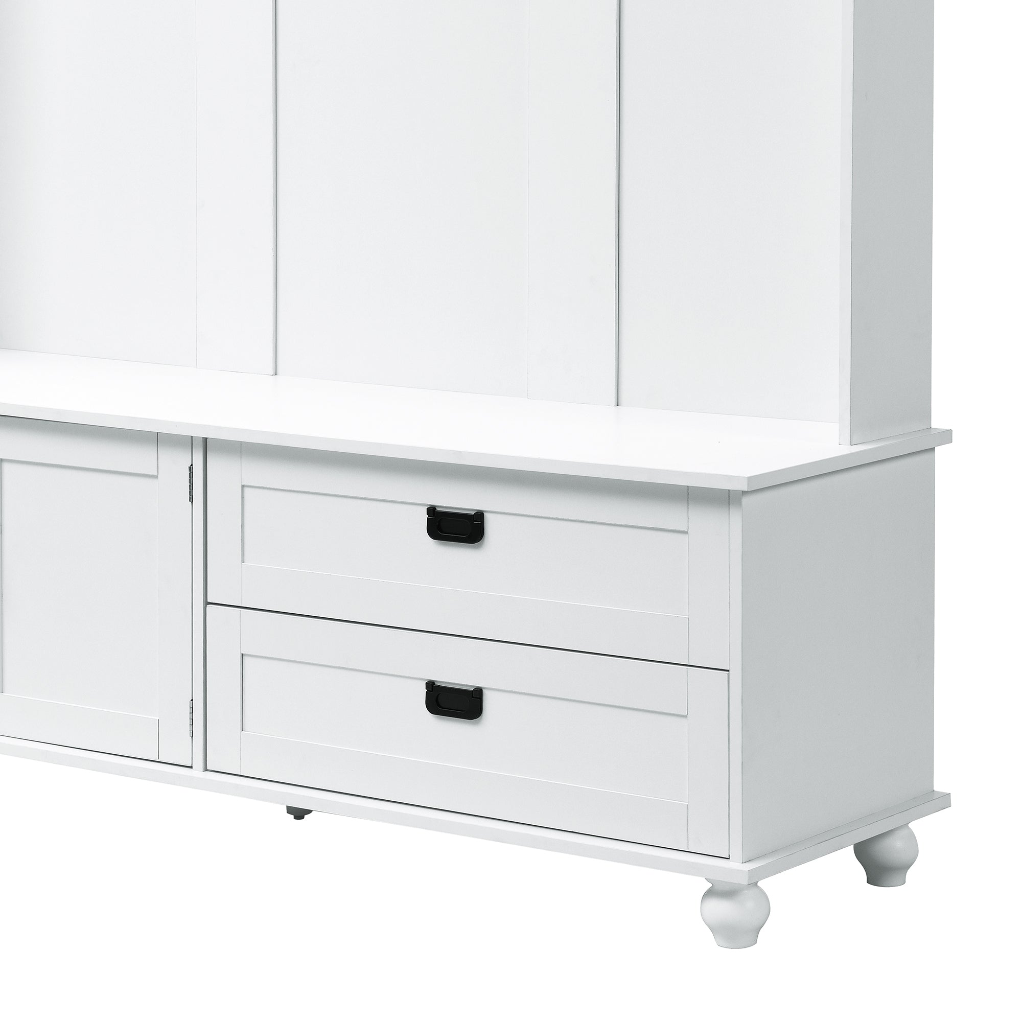 HAOYYE Modern White Hall Tree with Storage Cabinet, 2 Large Drawers, and 5 Coat Hooks, Sturdy Space-Saving Mudroom Bench, Heavy Duty Design for Adults