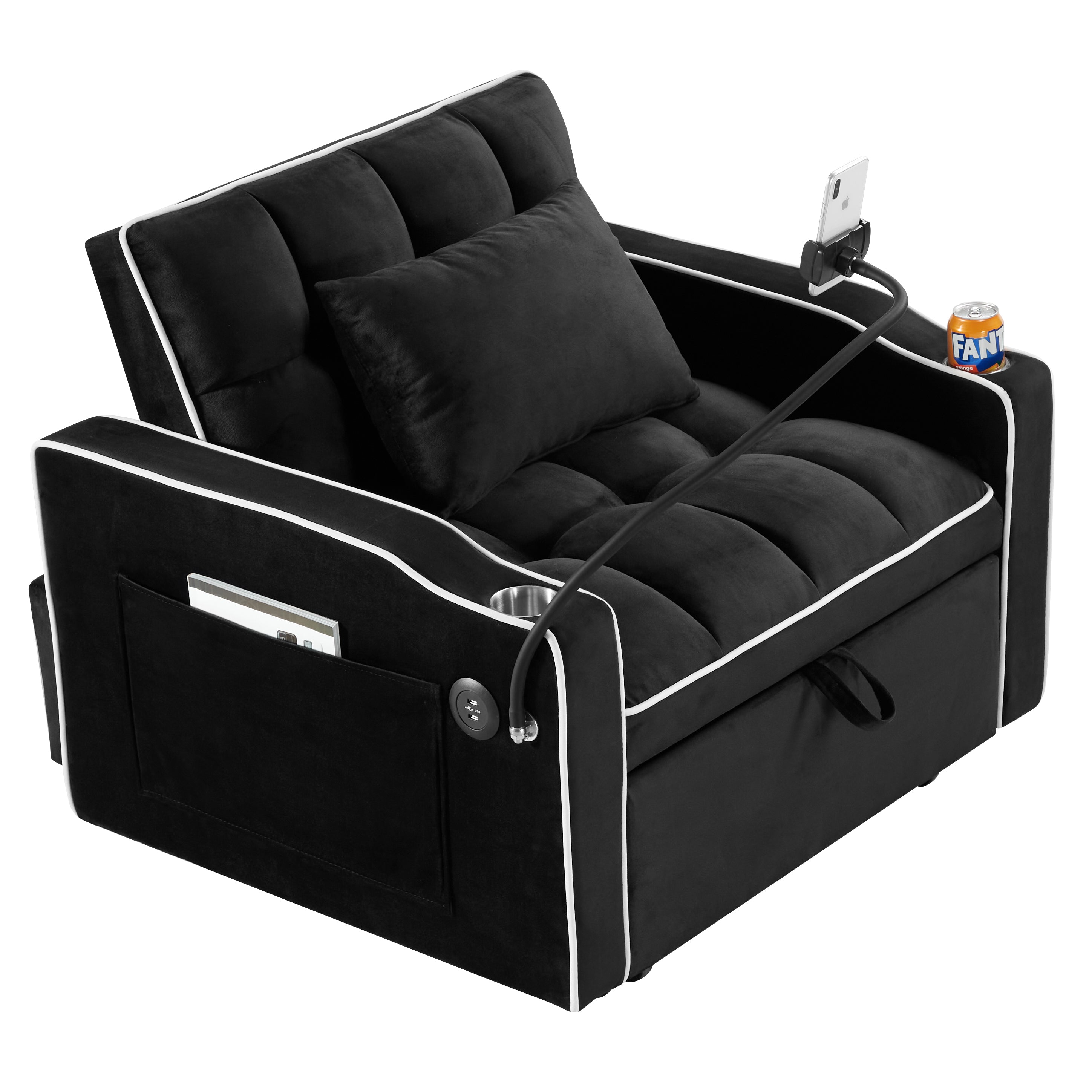 HAOYYE Convertible 3-in-1 Sleeper Chair Sofa Bed Adjustable Pull-Out Sleeper Chair Bed Folding Sofa Bed with Multiple Pockets for Living Room Bedroom Small Space, Black Sturdy Space-Saving Heavy Duty Modern Design