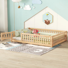 HAOYYE Full Size Bed Floor Bed with Safety Guardrails and Door for , Natural(Old SKU: W158090693) Sturdy Space-Saving Heavy Duty Modern Design Adults Dorm Room Easy Assembly Bedroom Furniture