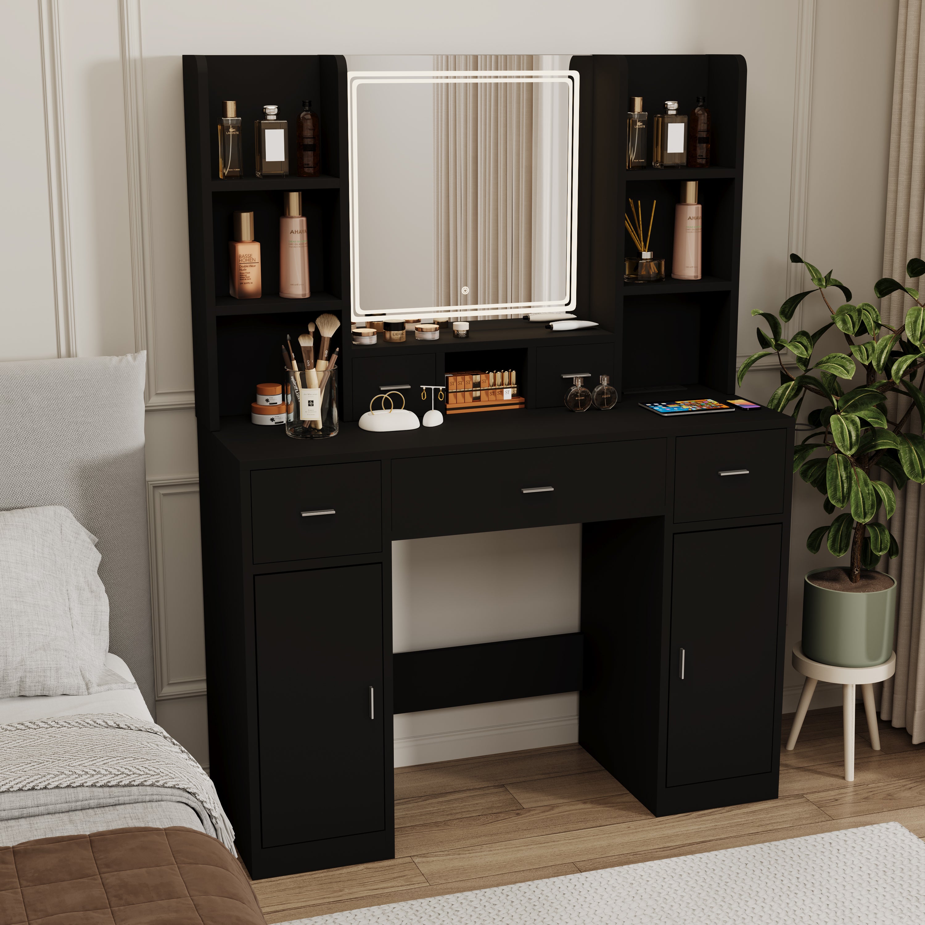 HAOYYE Smart Mirror Dressing Table With Drawers And Storage Cabinet, Modern Vanity Desk With Cushioned Stool, Stylish And Sturdy Space-Saving Design For Bedroom Or Dressing Room, Heavy Duty Construction