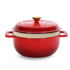 HAOYYE Cast Iron 5QT Cooking Pot Gradient Red Enamel Coating Includes Two Silicone Gloves Heavy Duty Durable Dutch Oven for Stovetop Oven and Outdoor Cooking Perfect for Stews Soups Casseroles and Everyday Meals