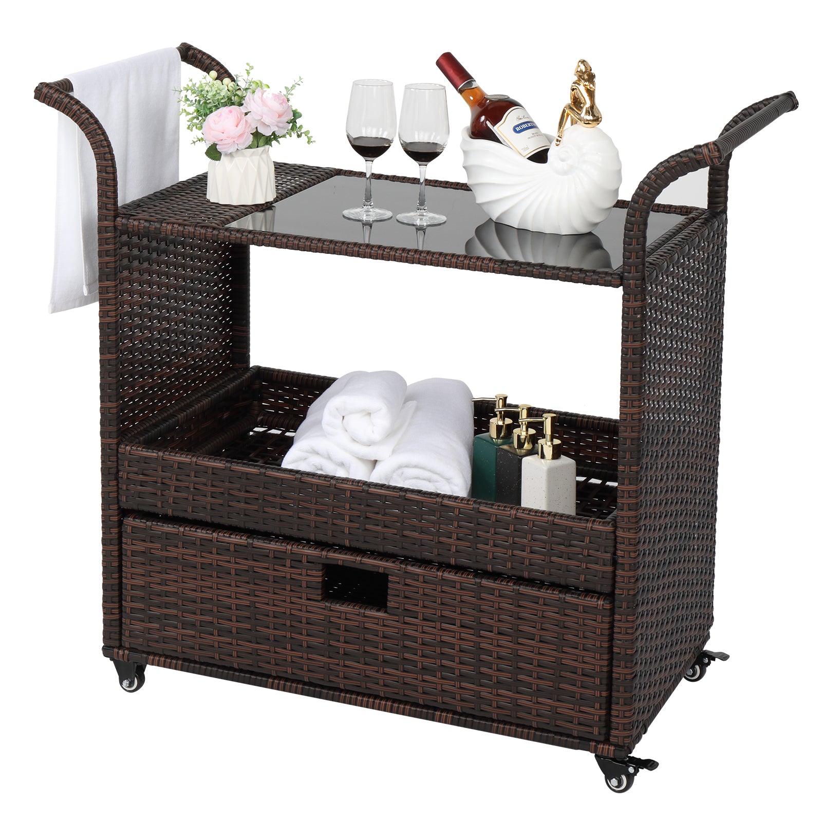 HAOYYE Outdoor Wicker Rattan Bar Cart on Wheels Brown Gradient Rolling Serving Sideboard with Storage for Patio Garden Balcony Party Beverage Station Portable Outdoor Furniture