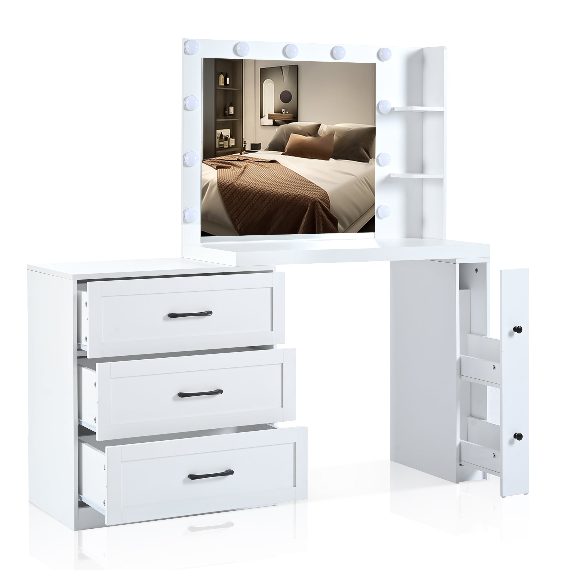 HAOYYE 55.2" Vanity Desk with Freely Adjustable Side Cabinet, Makeup Vanity with Hollywood Lights, 5 Storage Drawers & 2-shelves, Modern Dressing Table, White
