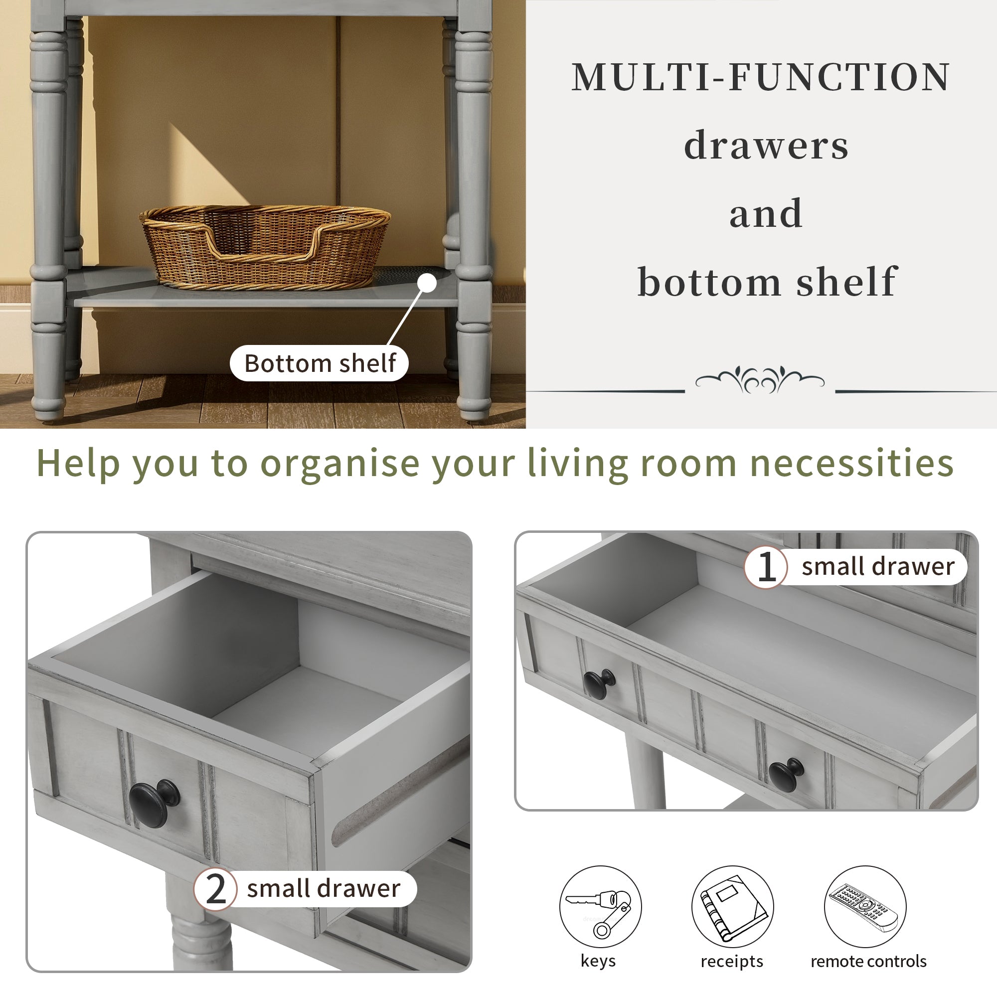 HAOYYE Slim Console Table With Three Drawers And Bottom Shelf, Narrow Sofa Table For Living Room, Modern Space-Saving Design, Heavy Duty Construction, Easy Assembly (Gray Wash)