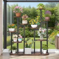 HAOYYE Multi-Tier Metal Plant Stand with High and Low Shelf Design for Indoor Outdoor Use, Holds 11 Pots or More, Space-Saving Flower Stand for Balcony Garden Patio Living Room, Sturdy Wood and Metal Construction