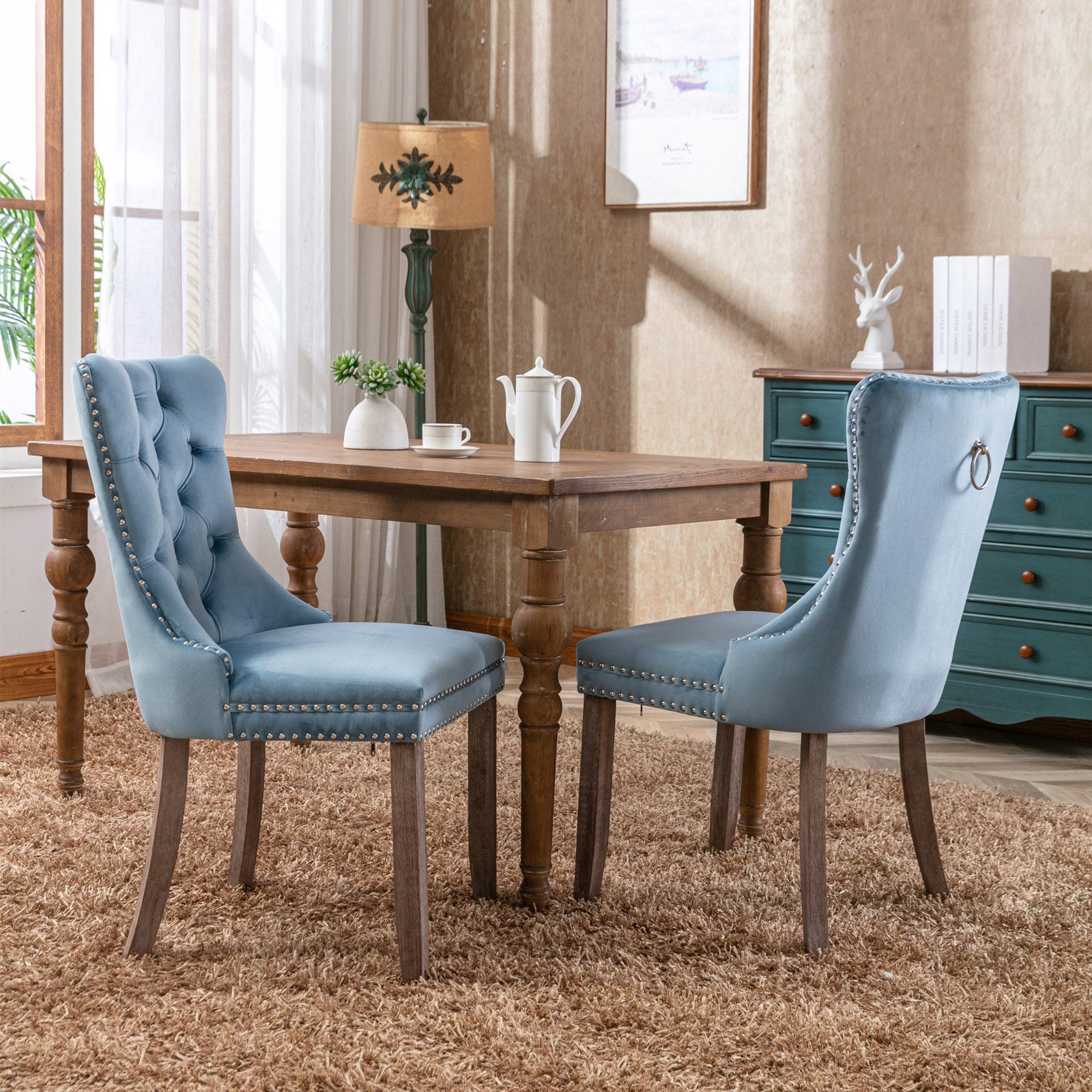 HAOYYE High-end Tufted Solid Wood Contemporary Velvet Upholstered Dining Chair with Wood Legs Nailhead Trim 2-Pcs Set,Light Blue, SW2001LB Sturdy Space-Saving Heavy Duty Durable