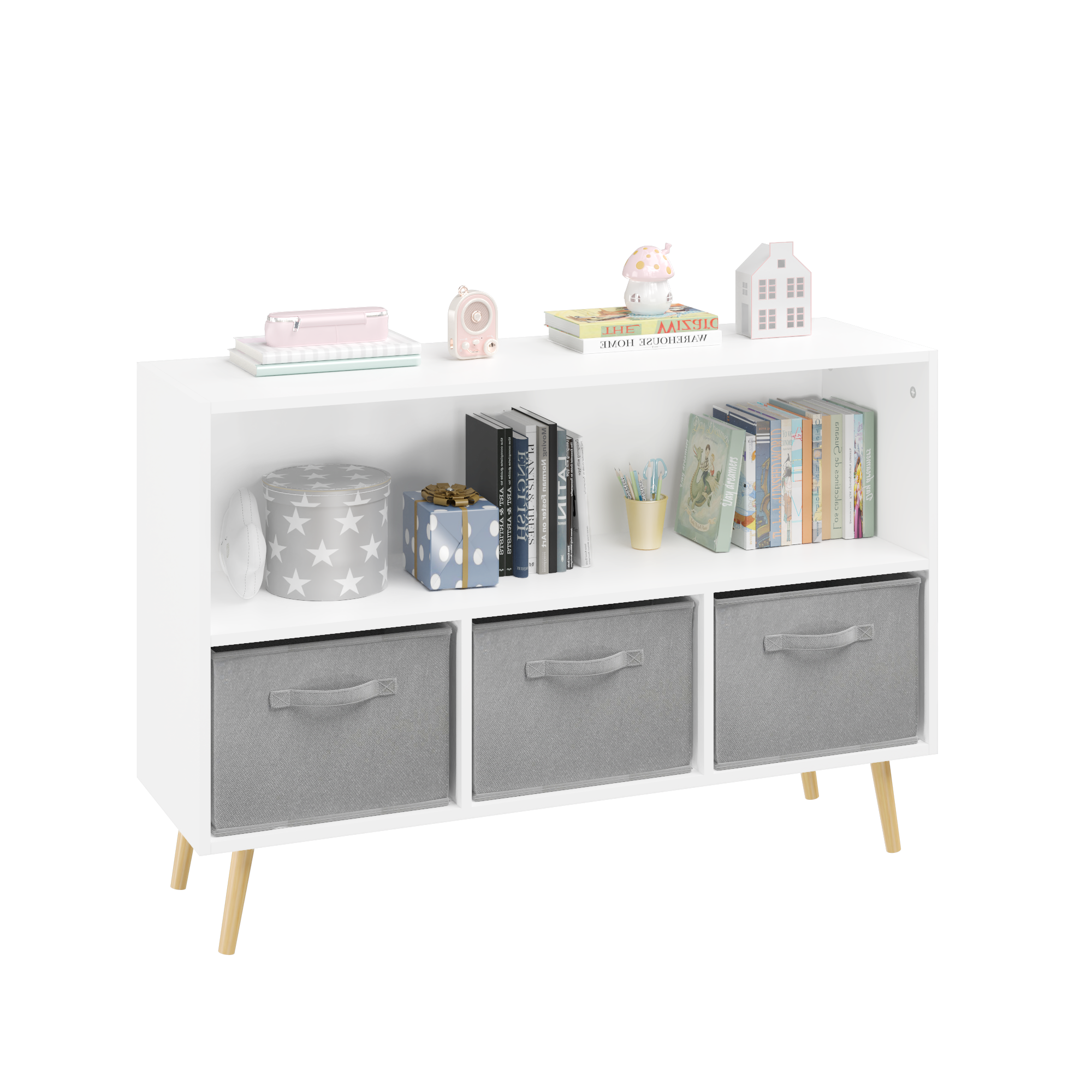 HAOYYE Bookcase with Collapsible Fabric Drawers, Book Display and Toy Storage Cabinet Organizer, White/Gray, Sturdy Space-Saving Design, Heavy Duty Construction, Easy Assembly, Durable and Stylish Home Furniture
