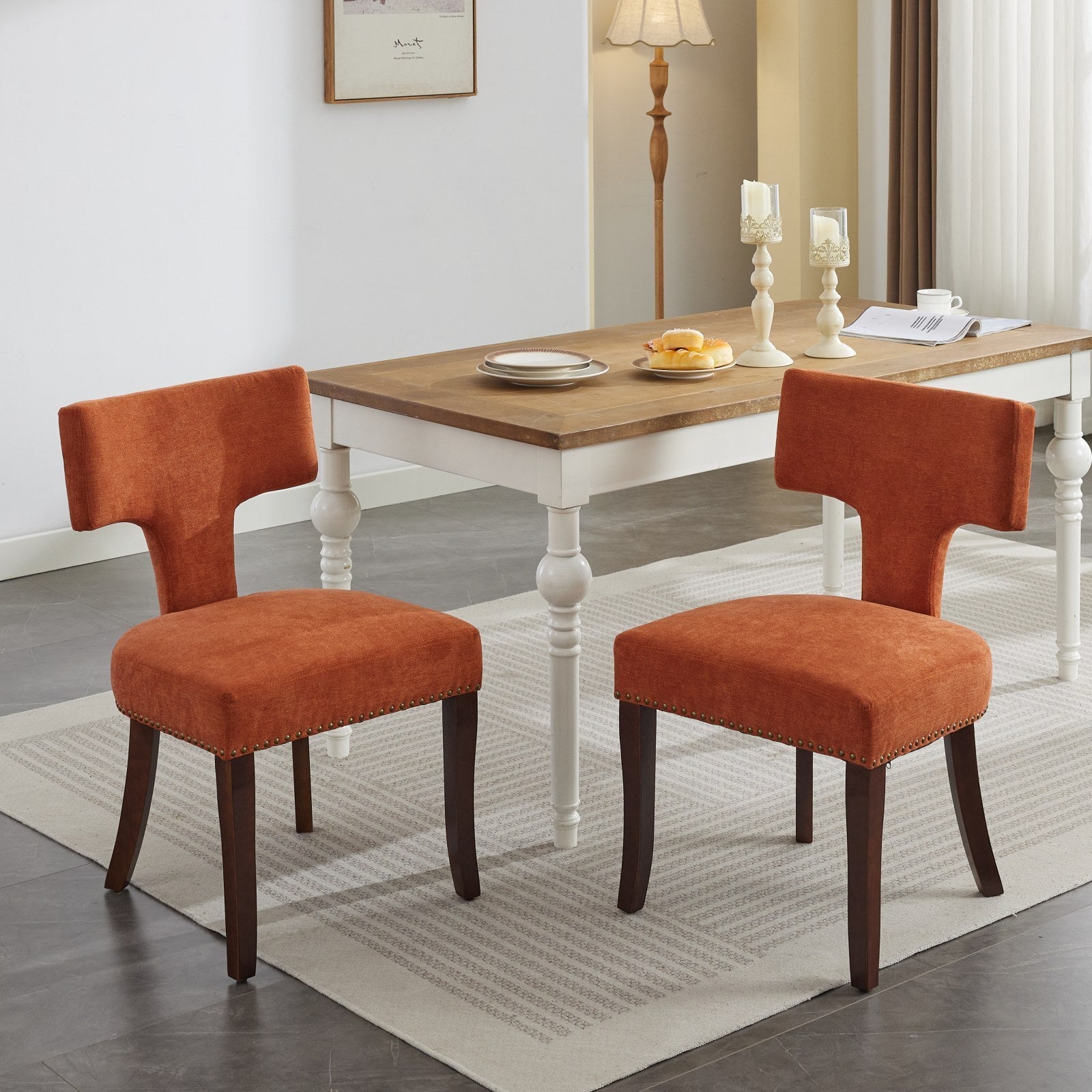 HAOYYE Mid Century Modern Dining Chairs Set of 2, Farmhouse Linen Fabric Upholstered Accent Chair Curved Backrest with Copper Nails around,Kitchen Chairs with Hardwood Frame, Orange Sturdy Space-Saving