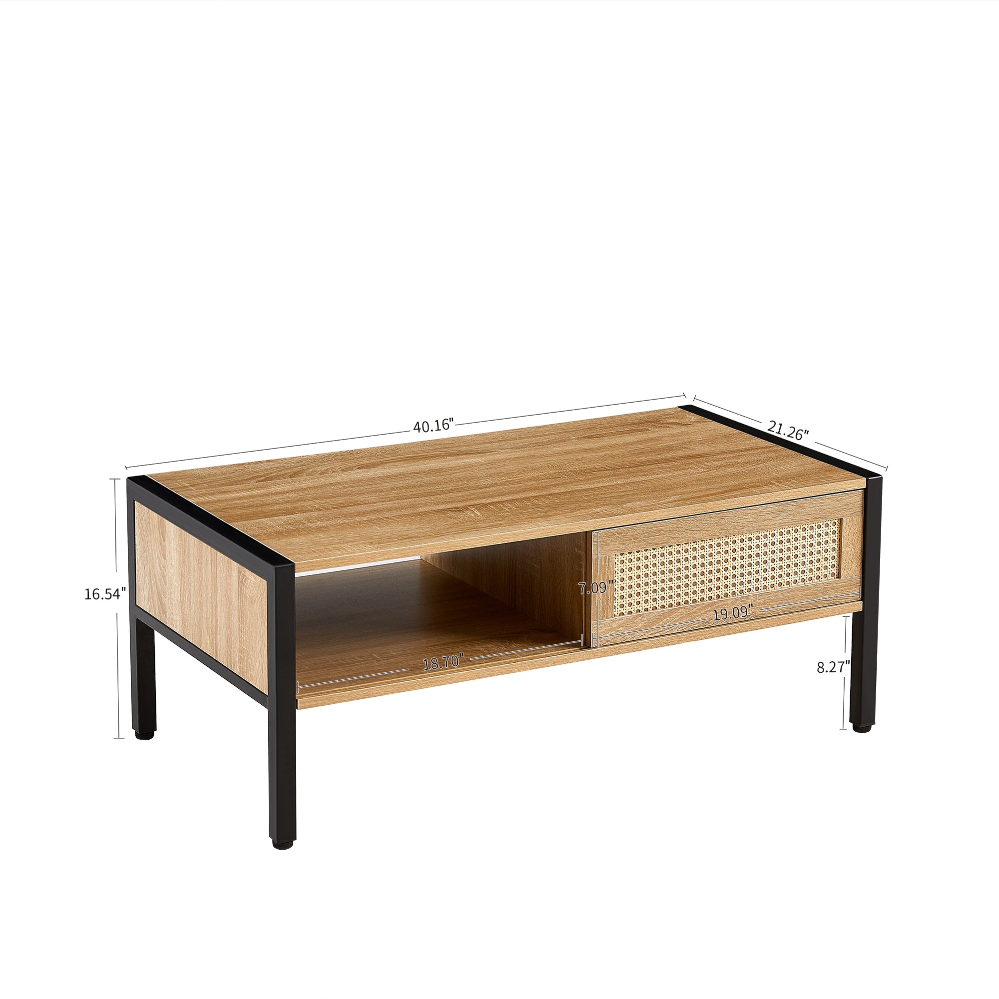 HAOYYE 40.16" Rattan Coffee table, sliding door for storage, metal legs, Modern table for living room , natural Sturdy Space-Saving Heavy Duty Modern Design Adults Dorm Room Easy Assembly
