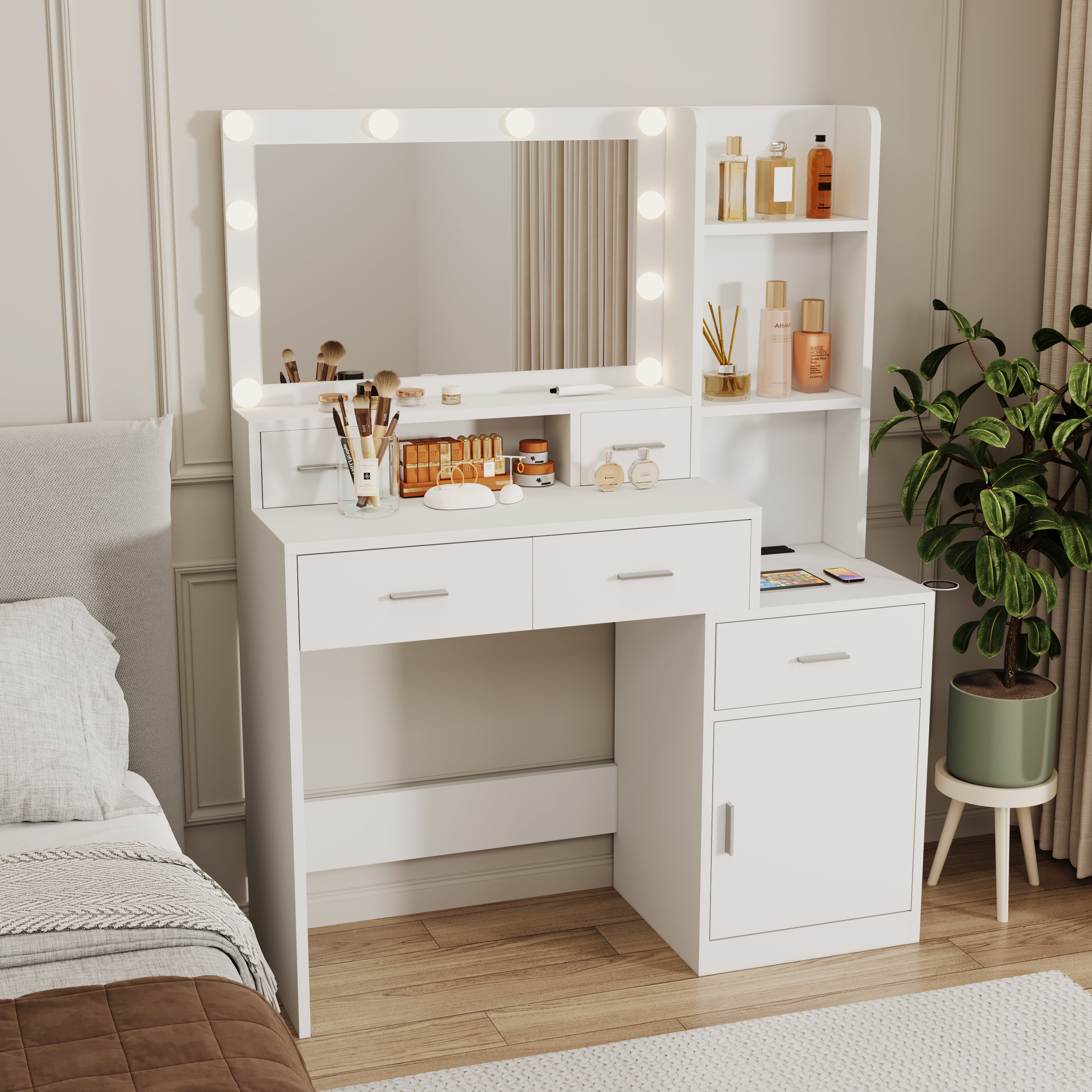 HAOYYE Smart Mirror Dressing Table with Drawers and Storage Cabinet, Modern Design with Soft Dressing Pad, Sturdy Space-Saving Heavy Duty Construction, Ideal for Bedroom and Dressing Room, Perfect for Adults