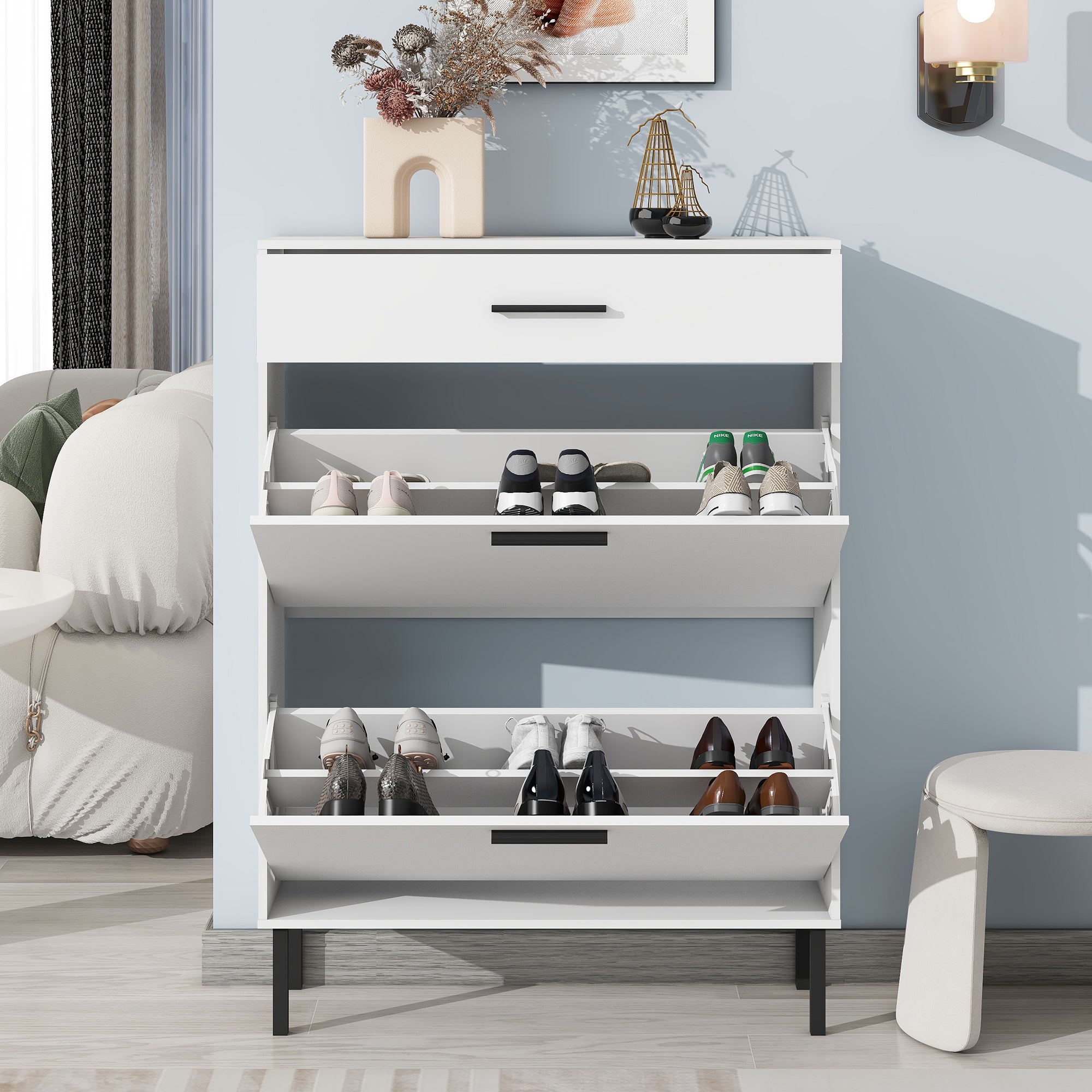 HAOYYE Shoe Cabinet, Freestanding Shoe Rack Storage Organizer with 2 Flip Drawers and Metal Legs, Modern Shoe Storage Cabinet for Entryway, Sturdy Space-Saving Heavy Duty Construction, Ideal for Adults