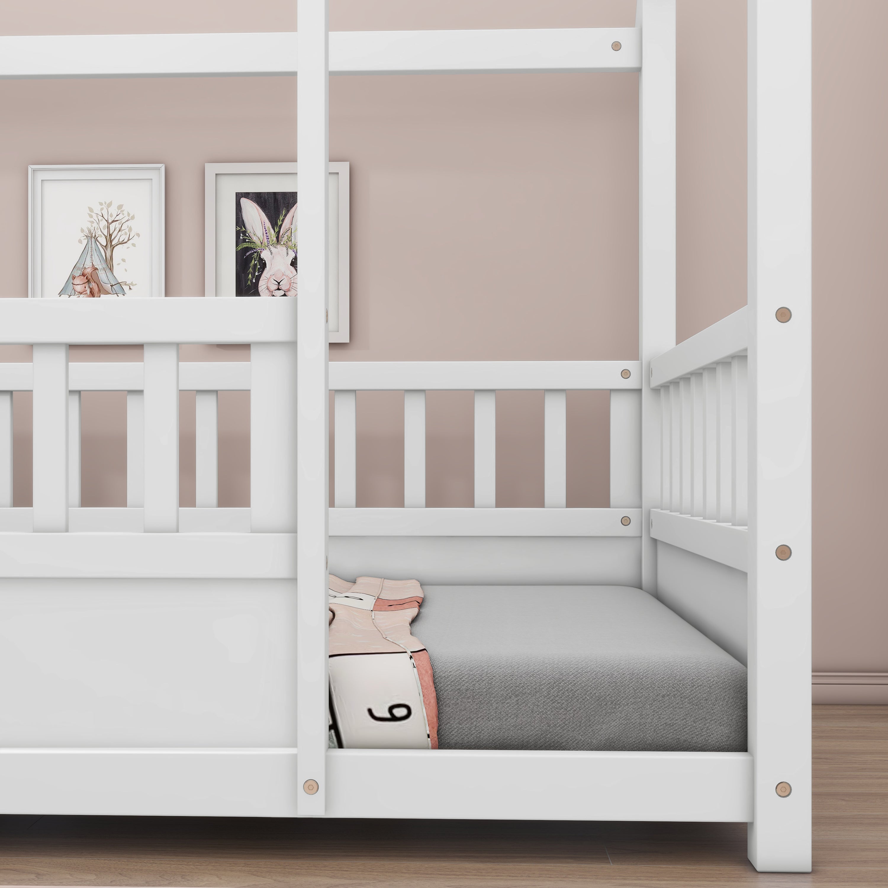 HAOYYE Twin Size Floor Wooden Bed with House Roof Frame, Fence Guardrails,White Sturdy Space-Saving Heavy Duty Modern Design Adults Dorm Room Easy Assembly Bedroom Furniture