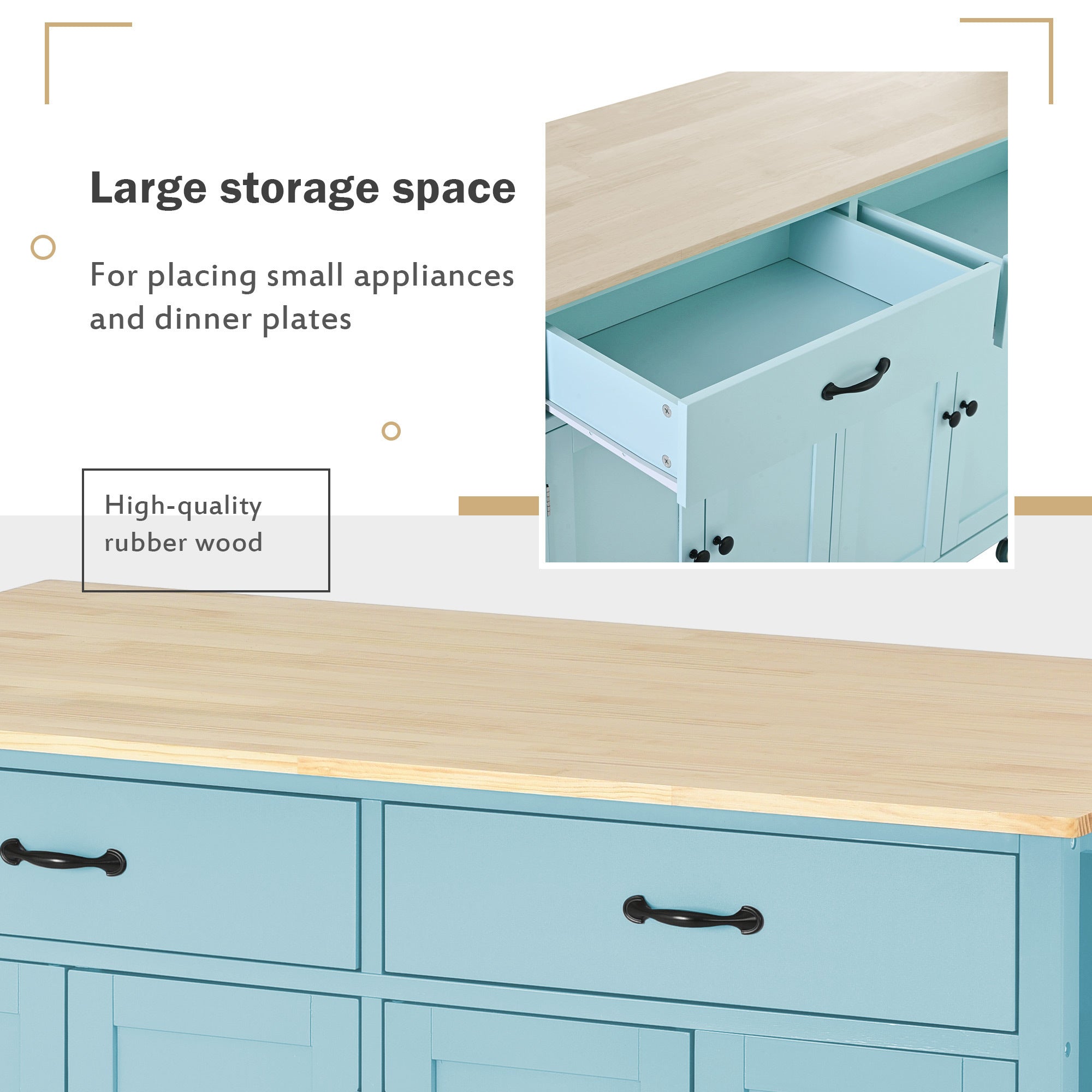 HAOYYE Kitchen Island Cart, Mint Green, with Solid Wood Top, 4-Door Cabinet, 2 Drawers, Adjustable Shelves, Spice Rack, Towel Bar, and 2 Locking Wheels. Modern, Space-Saving, Sturdy Heavy Duty Design for Easy Assembly and Versatile Use