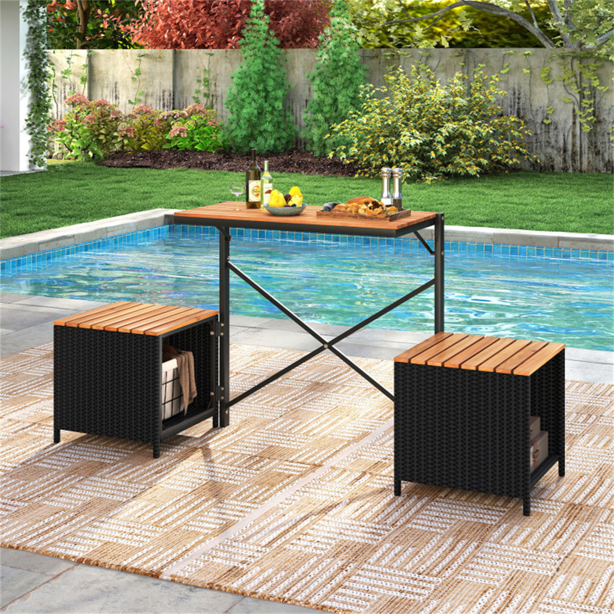 HAOYYE Black PE Rattan 2-in-1 Convertible Picnic Table and Chair Set with Storage, Hand-Woven Weather-Resistant Outdoor Furniture, Solid Acacia Wood Frame, Heavy-Duty Metal Support, Perfect for Patio, Garden, Backyard, Porch Use