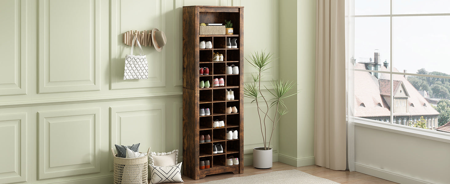 HAOYYE ON-TREND Stylish Design 30 Shoe Cubby Console, Contemporary Shoe Cabinet with Multiple Storage Capacity, Free Standing Tall Cabinet with Versatile Use for Hallway, Bedroom, Rustic Brown Sturdy
