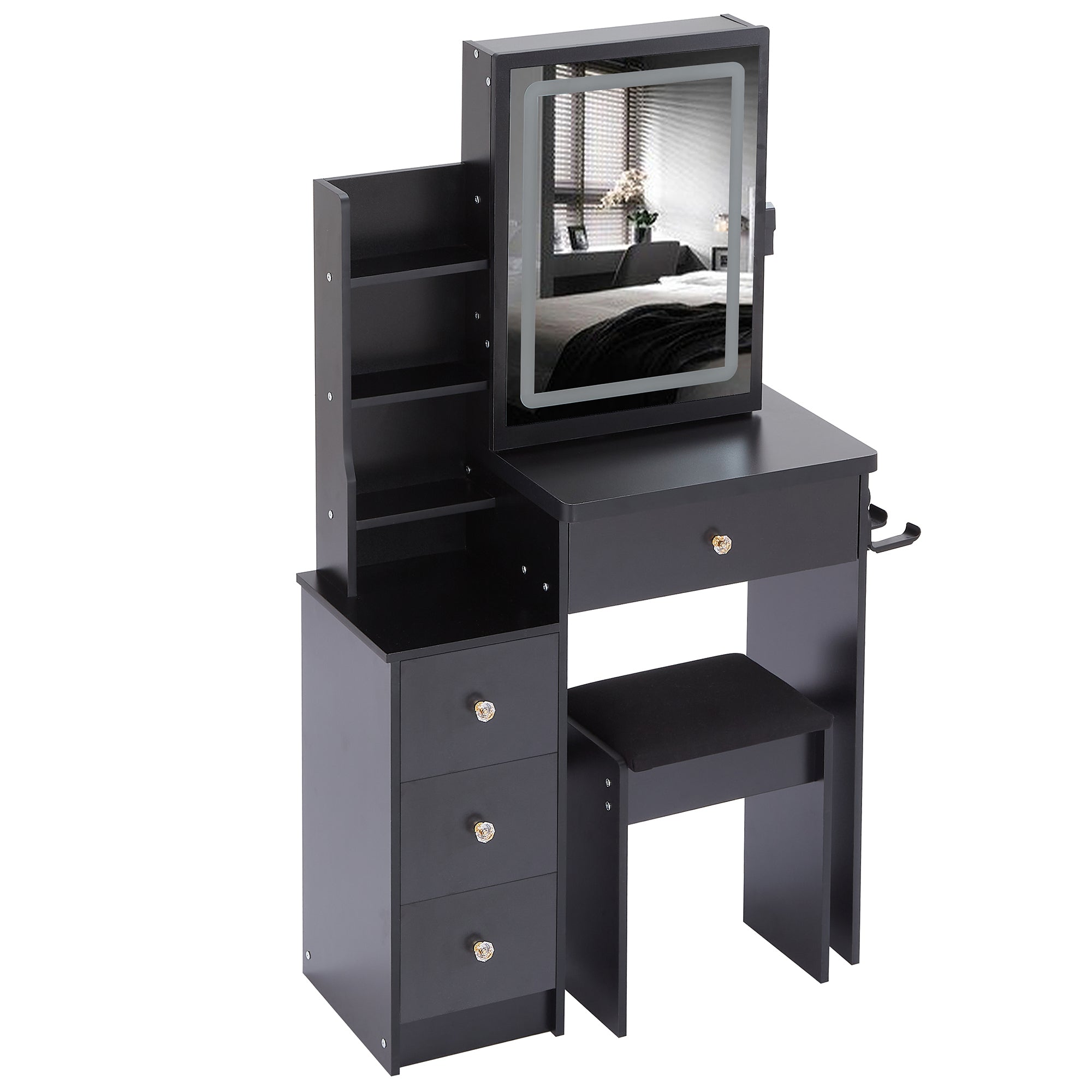 HAOYYE Small Size Left Bedside Cabinet Vanity Table + Cushioned Stool, 2 AC+2 USB Power Station, Hair dryer bracket, Extra Large Touch Control Sliding LED Mirror, Tri-color Switching, EPA,GCC,UL Certificate