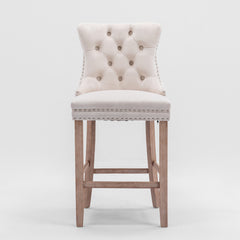 HAOYYE Contemporary Velvet Upholstered Barstools with Button Tufted Decoration and Wooden Legs, and Chrome Nailhead Trim, Leisure Style Bar Chairs,Bar stools, Set of 2 (Beige),SW2002BG Sturdy Space-Saving