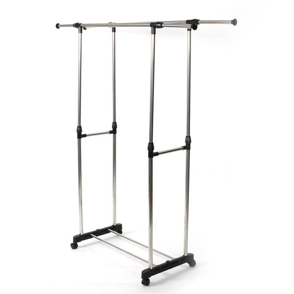 HAOYYE Dual-Bar Clothes Rack with Shoe Shelf, Adjustable Height and Width, Space-Saving Design, Modern Silver Finish, Durable and Versatile Garment Organizer for Bedroom, Entryway, Laundry Room, or Walk-In Closet