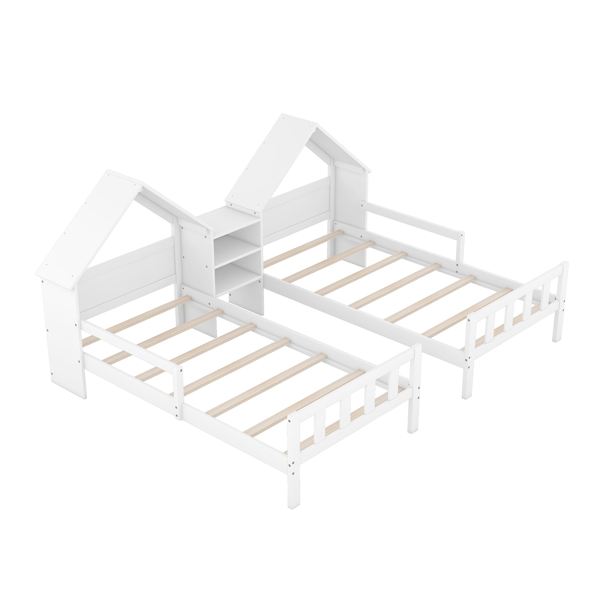 HAOYYE Double Twin Size Platform Bed with House-shaped Headboard and a Built-in Nightstand, White Sturdy Space-Saving Heavy Duty Modern Design Adults Dorm Room Easy Assembly Bedroom Furniture