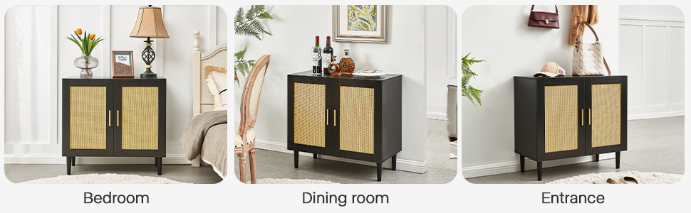 HAOYYE Side panel buffet cabinet with natural rattan door, rattan storage cabinet with adjustable shelves, side panel and buffet with storage space, modern console cabinet in bedroom and living room Sturdy