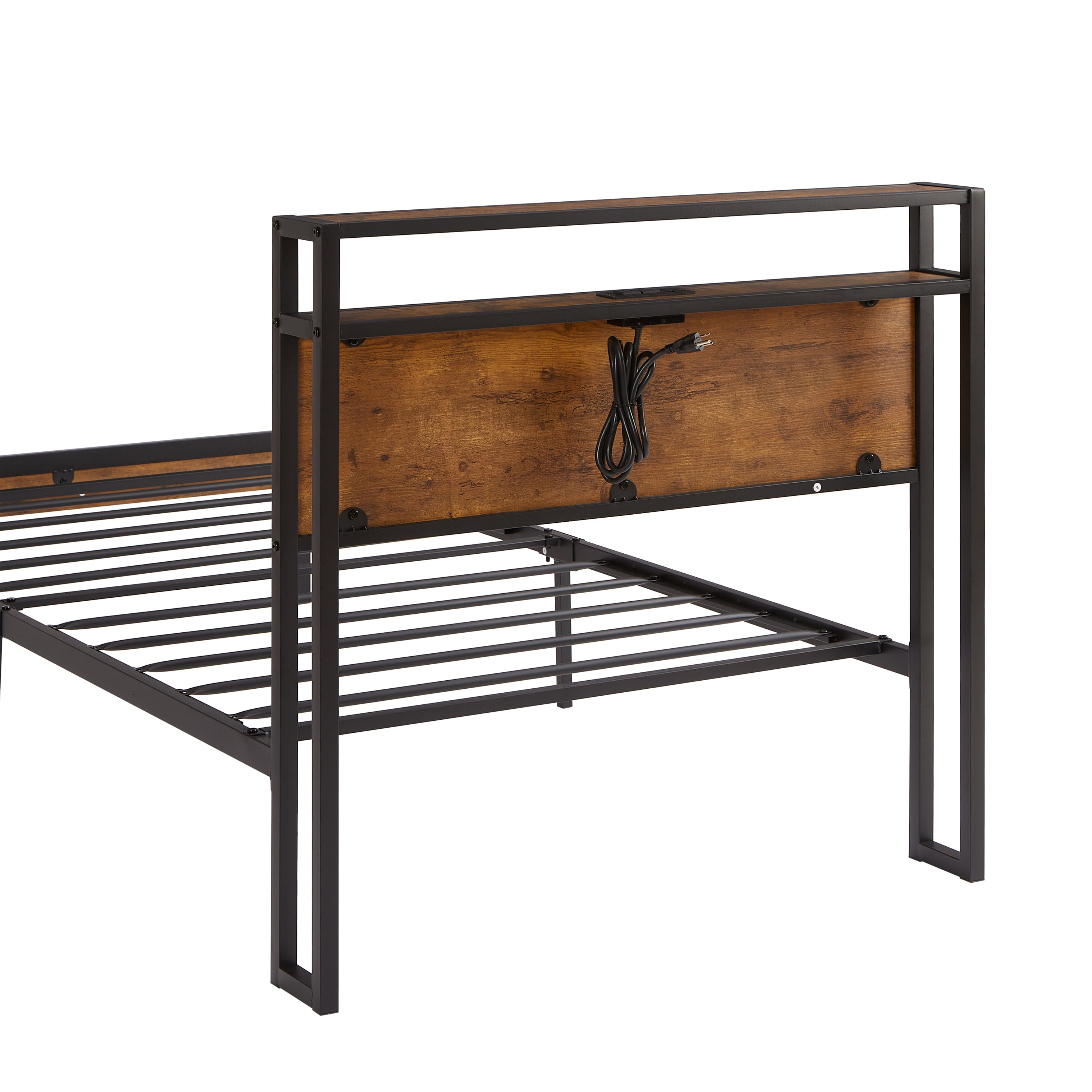 HAOYYE Twin Size Metal Platform Bed Frame with Wooden Headboard and Footboard with USB LINER, No Box Spring Needed, Under Bed Storage, Easy Assemble Sturdy Space-Saving Heavy Duty Modern Design Durable