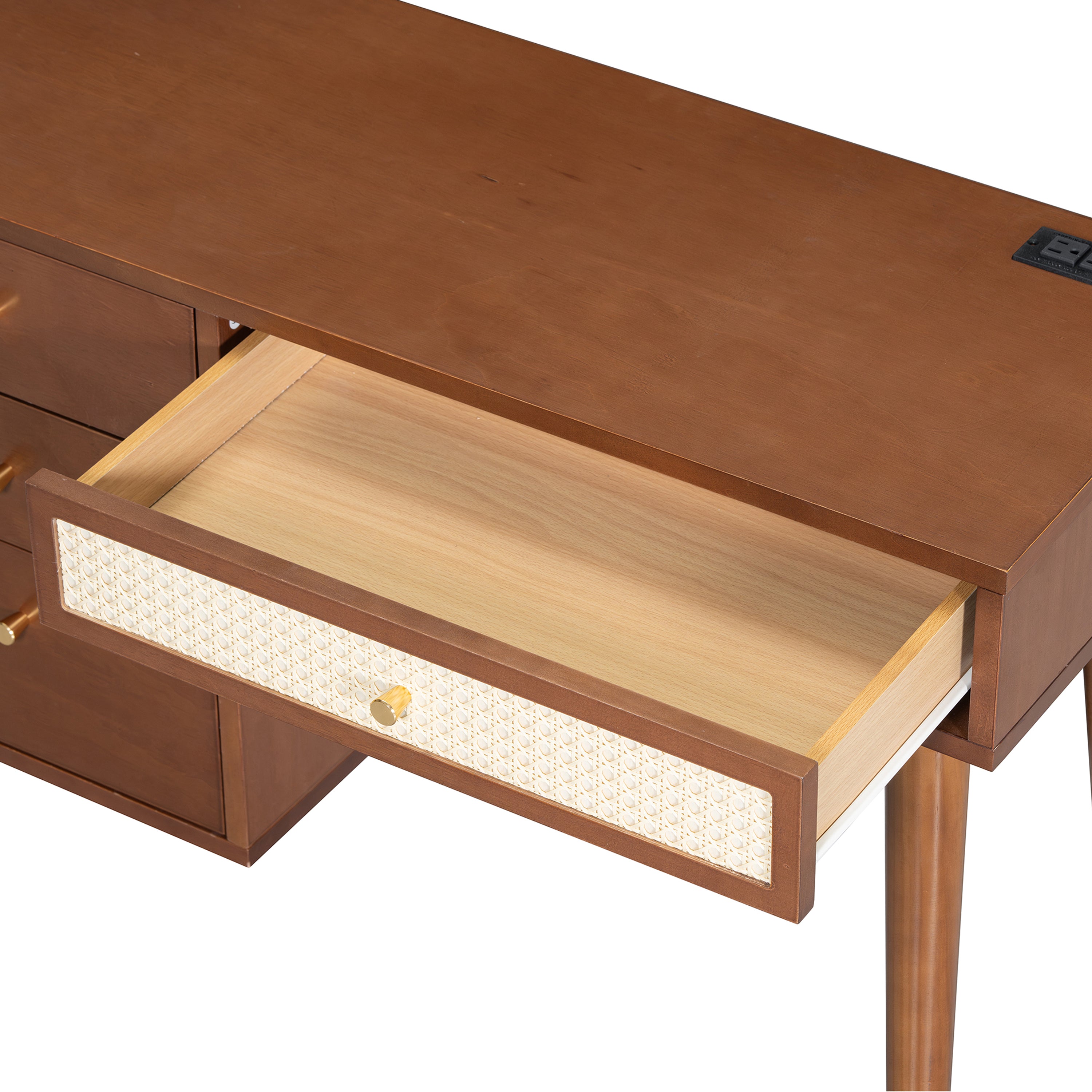 HAOYYE 39" Retro Bohemian Style Wooden Makeup Vanity Set with Charging Plug&USB Port and Stool, Dressing Table with 3 Storage Drawers and 1 Rectangular Rattan Drawer, Walnut