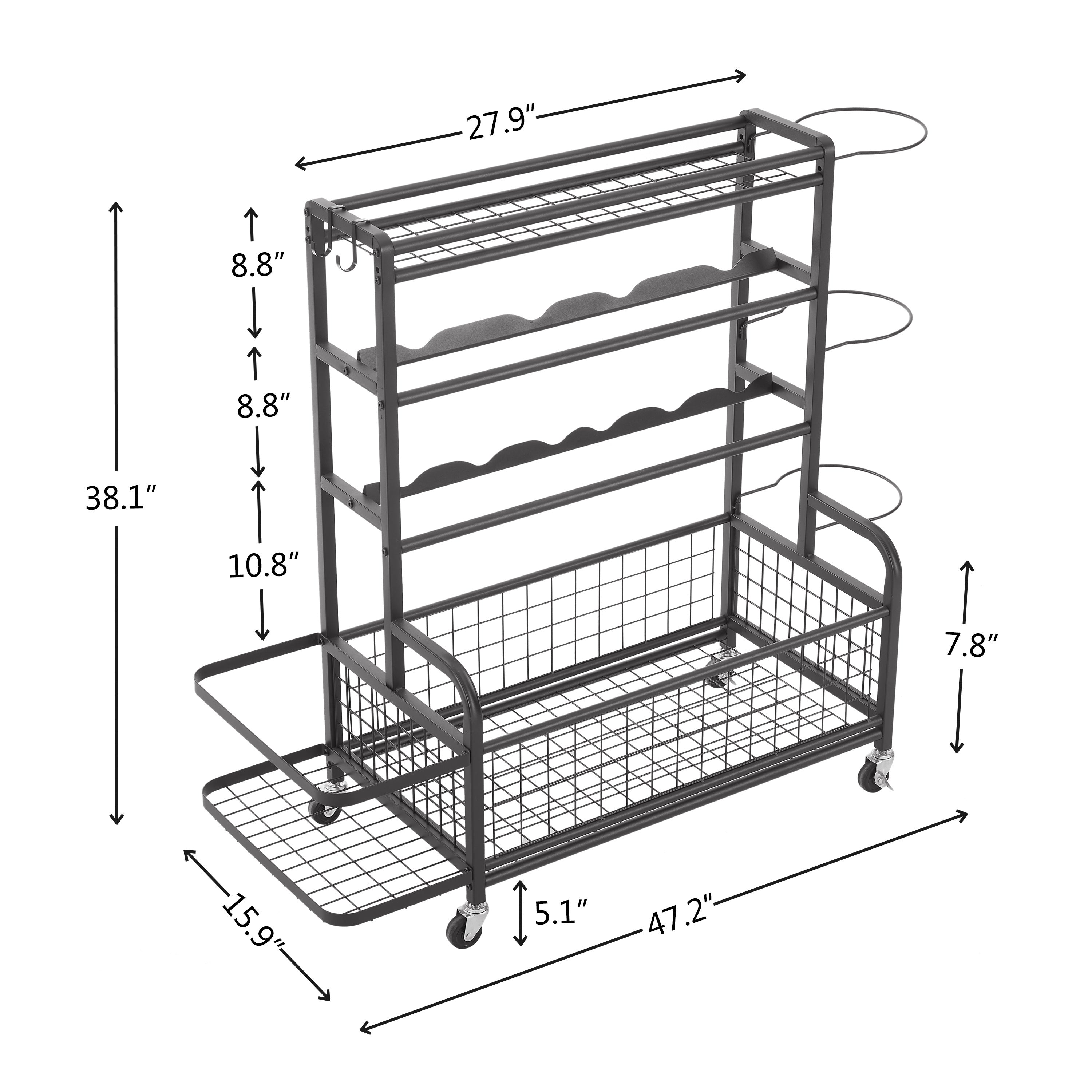 HAOYYE 4-Tier Metal Storage Organizer with Rolling Wheels for Basketball Sports Equipment Organizer for Yoga Mat Larger Ball Storage Rack with Baskets and Hooks, Indoor or Outdoor for Tennis Racket,Football