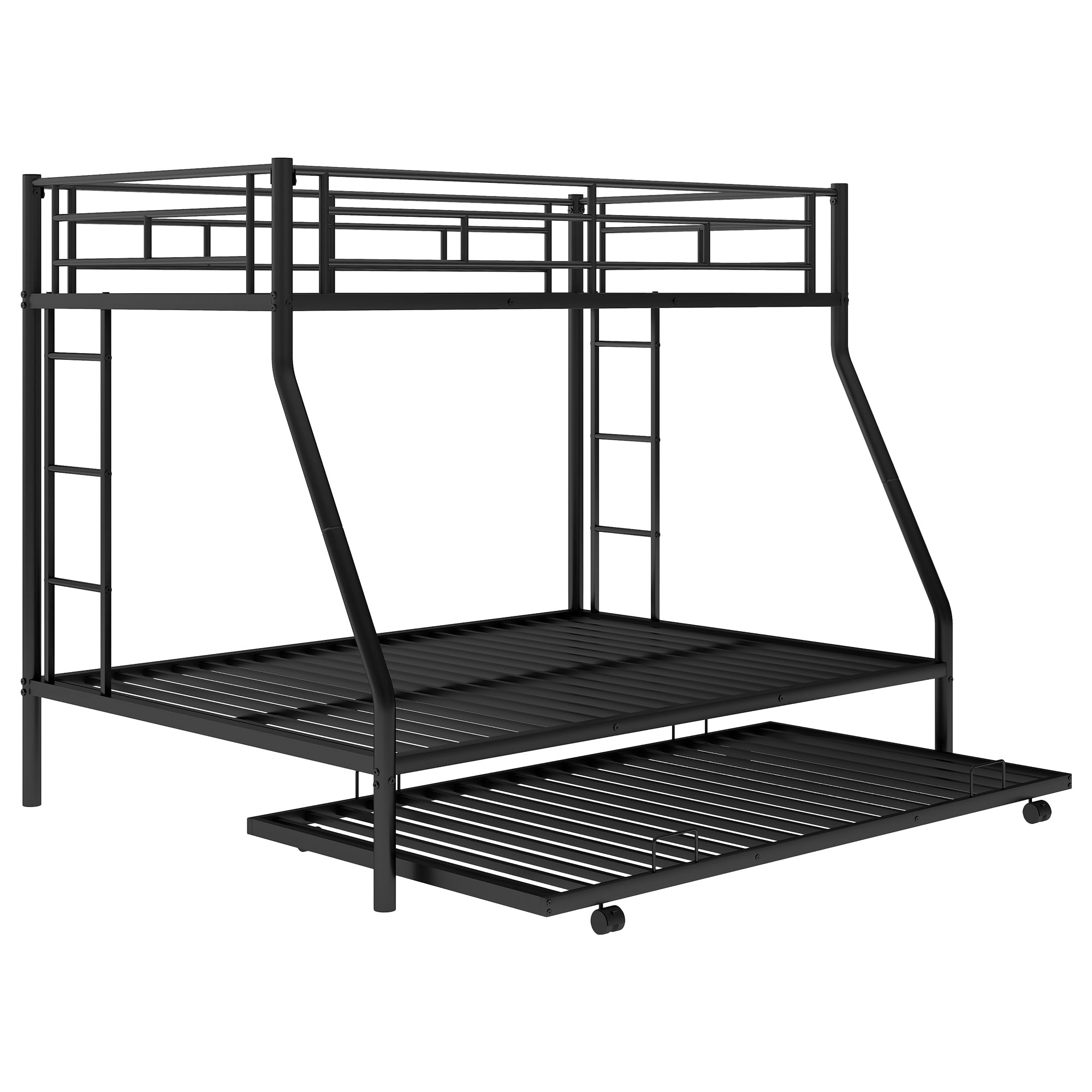 HAOYYE Twin over Full Bed with Sturdy Steel Frame, Bunk Bed with Twin Size Trundle, Two-Side Ladders, Black Space-Saving Heavy Duty Modern Design Easy Assembly Durable Stylish Versatile