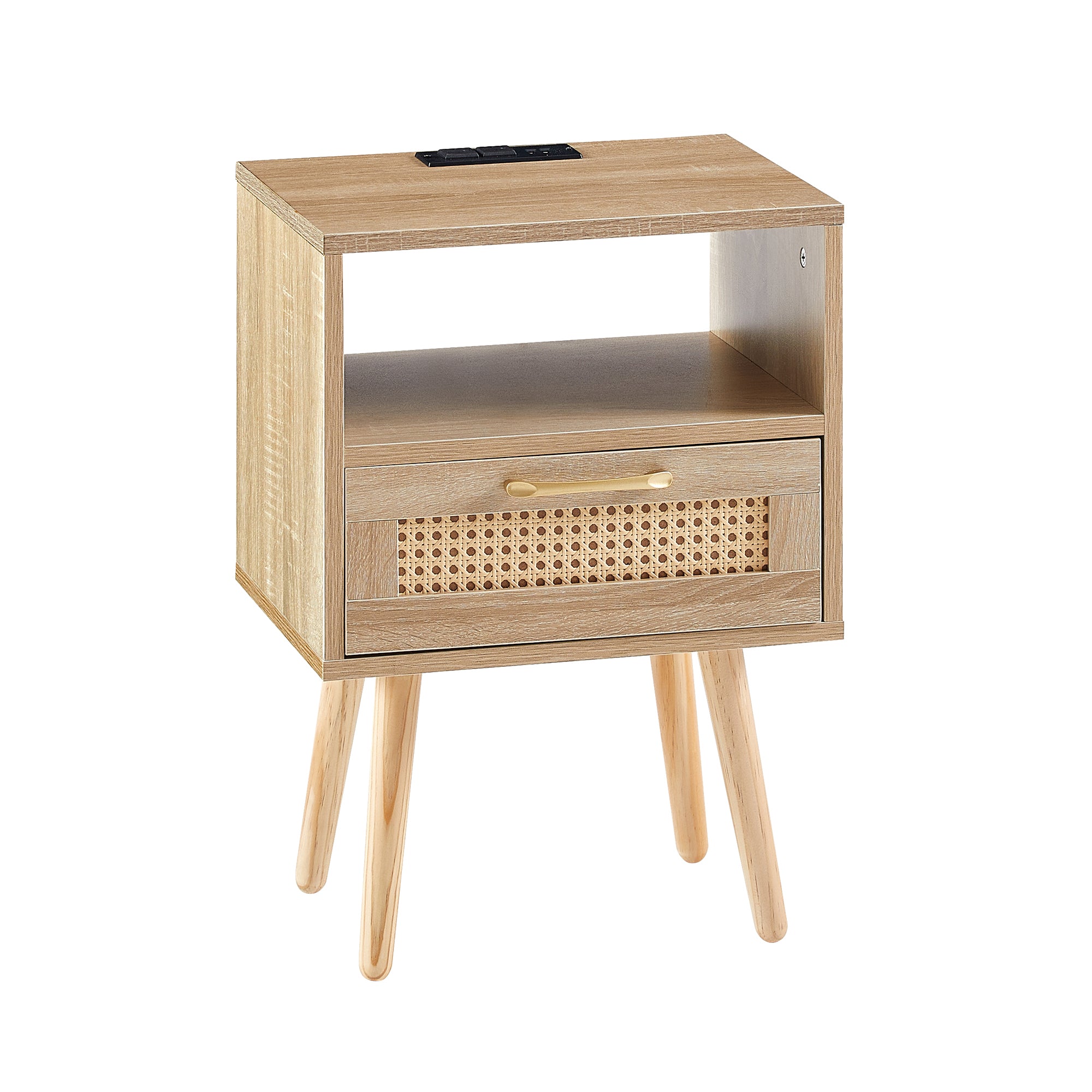 HAOYYE Rattan End Table with Power Outlet & USB Ports, Modern Nightstand with Drawer and Solid Wood Legs, Natural, Sturdy Space-Saving Design, Heavy Duty Construction, Stylish and Durable Home Furniture for Living Room or Bedroom