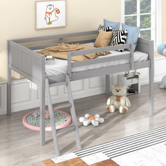 HAOYYE Twin Size Wood Low Loft Bed with Ladder, ladder can be placed on the left or right, Gray Sturdy Space-Saving Heavy Duty Modern Design Adults Dorm Room Easy Assembly Bedroom Furniture