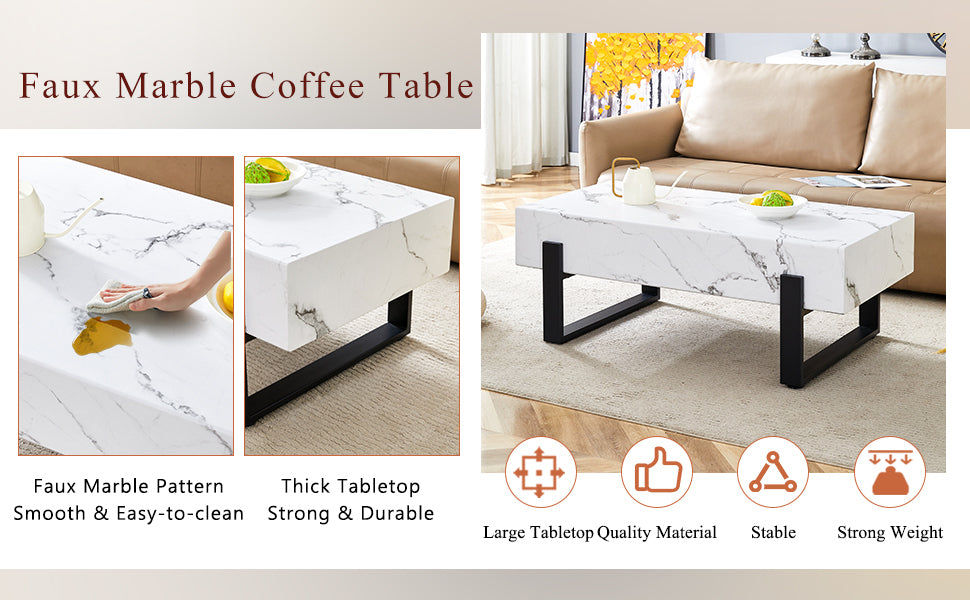 HAOYYE Black And White Minimalist MDF Coffee Table With Marble Pattern Sticker And Black Metal Leg Spray Coating, Modern And Simple Design For Living Room, Bedroom And Office, Sturdy Space-Saving Heavy Duty Furniture For Contemporary Home Decor