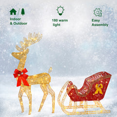 HAOYYE Golden Elk Deer Sled with Red Sleigh Iron Frame Cotton Thread Green Onion Powder Holiday Courtyard Decoration Outdoor LED Lights Festive Christmas Yard Display Durable and Reusable