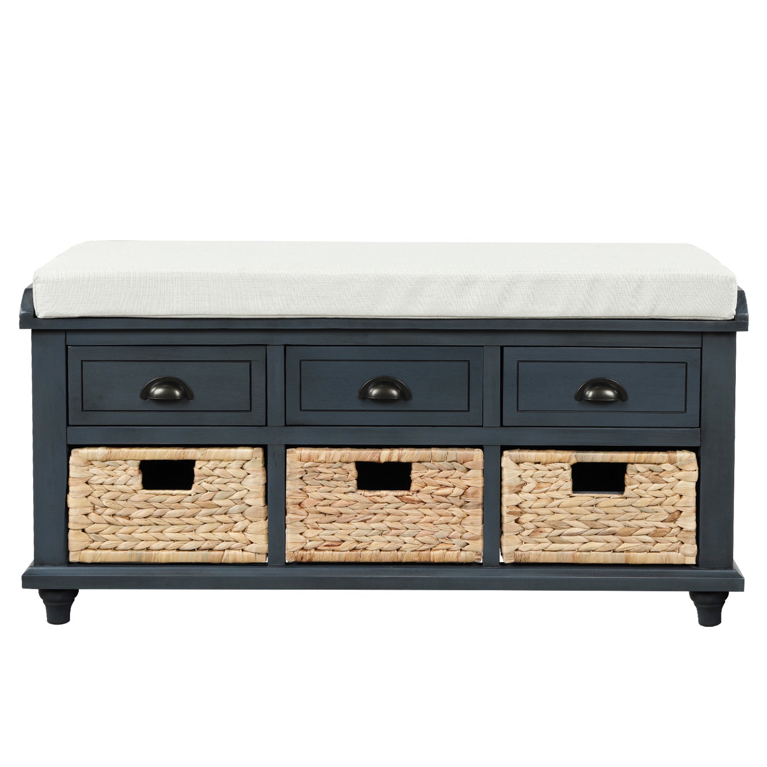 HAOYYE Rustic Storage Bench with Three Drawers and Three Rattan Baskets, Shoe Bench for Living Room or Entryway, Antique Navy, Sturdy Space-Saving Design, Heavy Duty Construction, Easy Assembly, Durable and Stylish Home Furniture