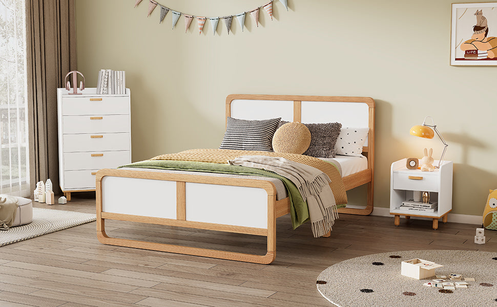 HAOYYE Modern Style Queen Size Solid Wood Platform Bed for , Teens, Adults, No Need Box Spring, Walnut and White Sturdy Space-Saving Heavy Duty Modern Design Dorm Room Easy Assembly Bedroom Furniture
