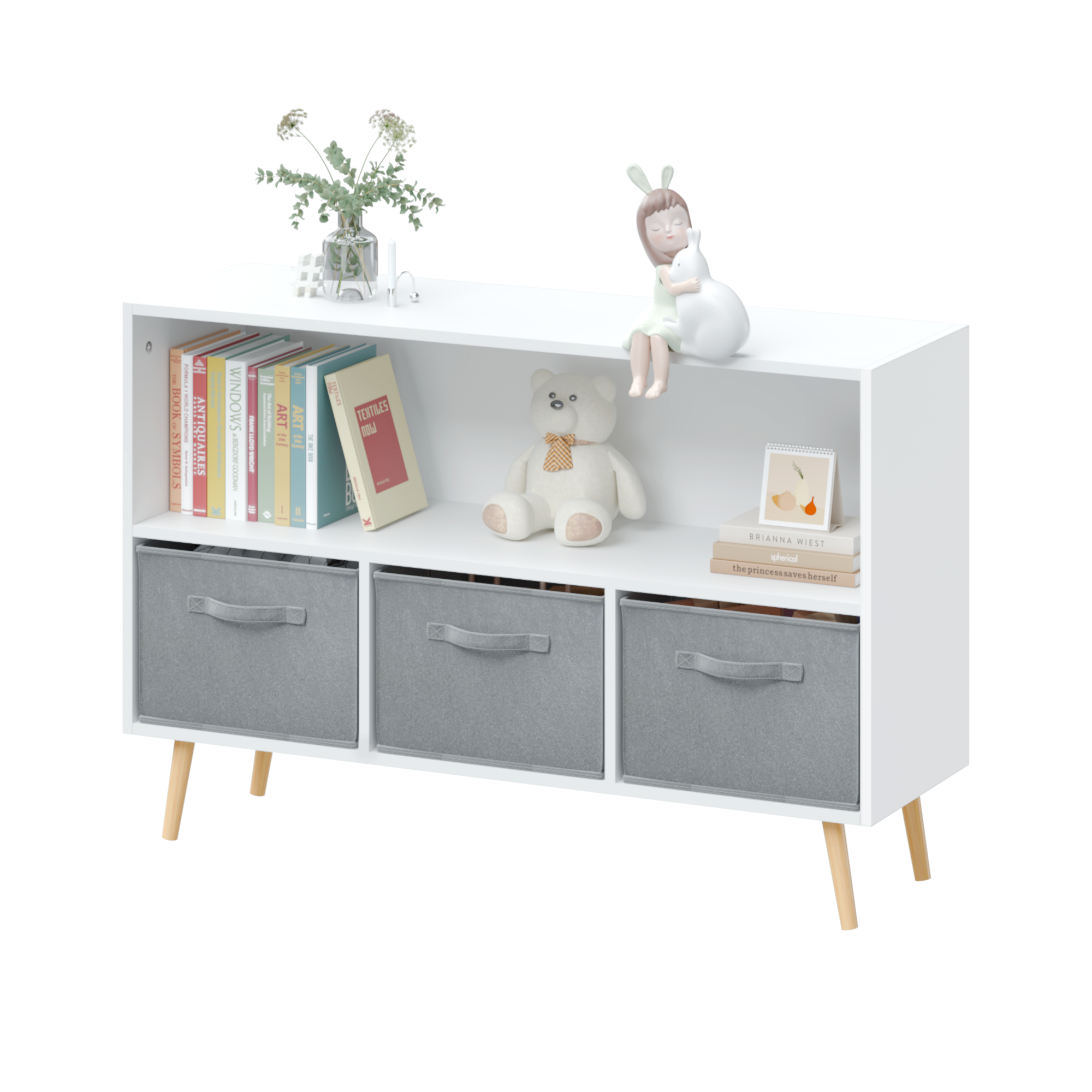 HAOYYE Bookcase with Collapsible Fabric Drawers, Book Display and Toy Storage Cabinet Organizer, White/Gray, Sturdy Space-Saving Design, Heavy Duty Construction, Easy Assembly, Durable and Stylish Home Furniture