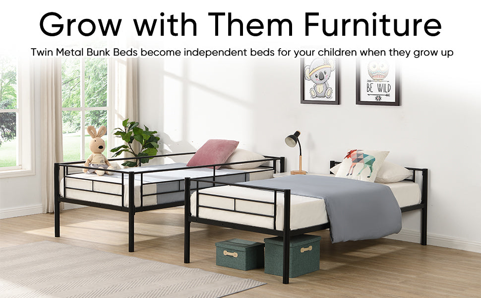 HAOYYE Bunk Bed Twin Over Twin Size with 2 Ladders and Full-Length Guardrail, Metal, Storage Space, No Box Spring Needed, Noise Free, Black Sturdy Space-Saving Heavy Duty Modern Design Easy Assembly Durable
