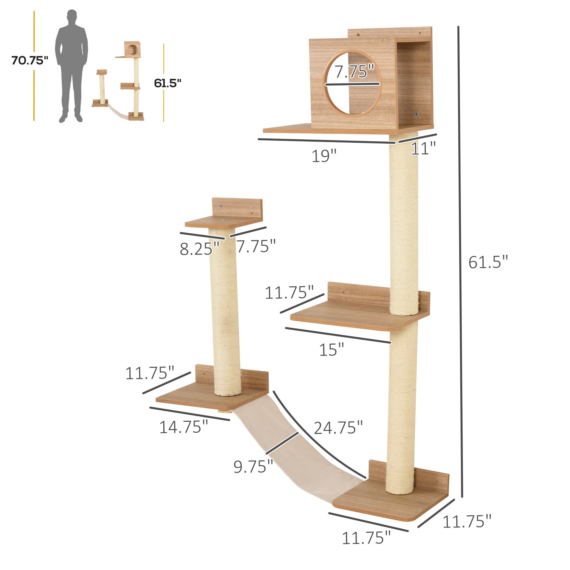 HAOYYE Wall-Mounted Multi-Level Cat Tree Activity Tower with Sisal-Covered Scratching Posts & an Interior Condo Area Sturdy Space-Saving Heavy Duty Modern Design Adults Dorm Room Easy Assembly