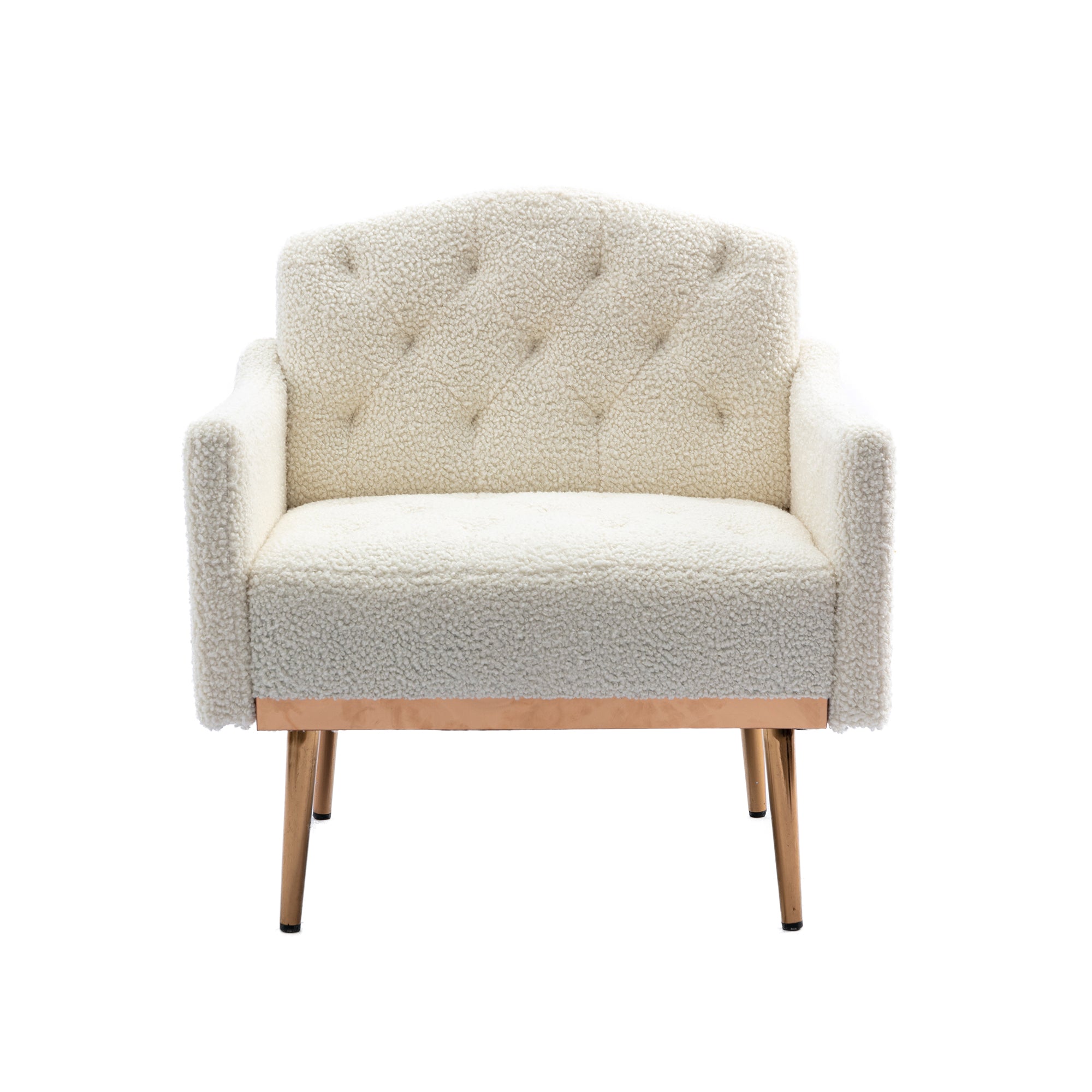 HAOYYE Modern Accent Chair with Arms, Tufted Decorative Fabric Armchair with Gold Metal Legs, Upholstered Reading Chair for Living Room Bedroom Office (White Teddy) Sturdy Space-Saving Heavy Duty