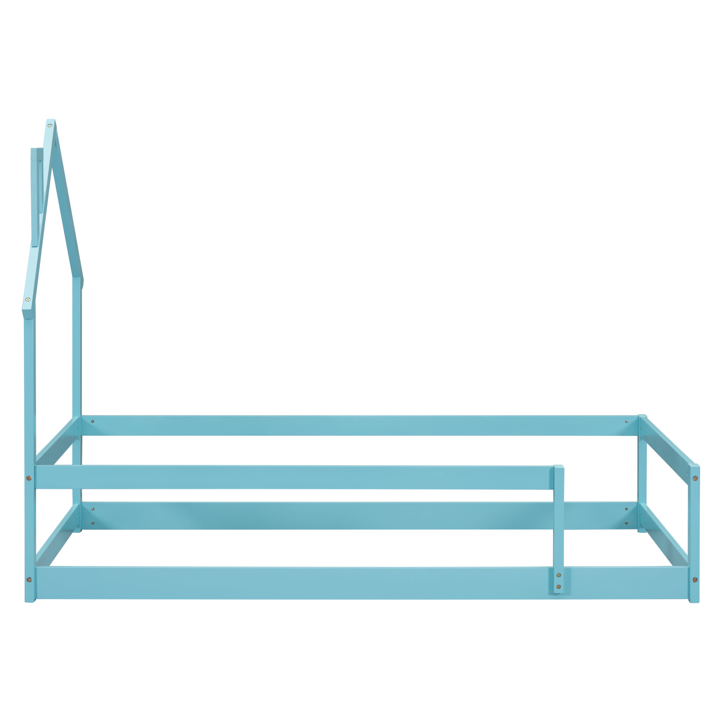 HAOYYE Twin Size Wood Bed with House-Shaped Headboard, Floor Bed with Fences, Sturdy Space-Saving Design, Easy Assembly for Bedroom, Dorm Room, and Modern Home Decor
