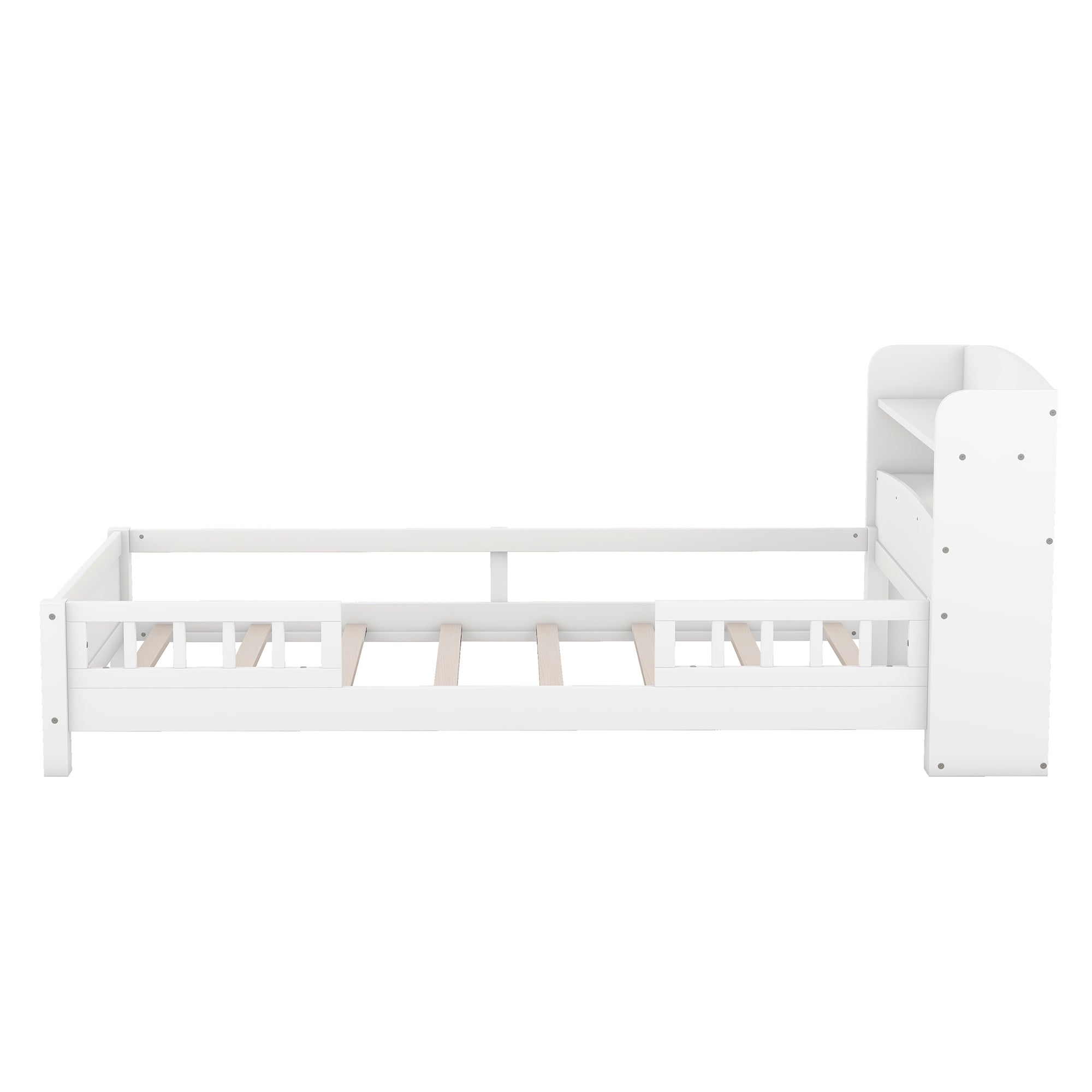 HAOYYE Wood Twin Size Platform Bed with Built-in LED Light, Storage Headboard and Guardrail, White Sturdy Space-Saving Heavy Duty Modern Design Adults Dorm Room Easy Assembly Bedroom Furniture